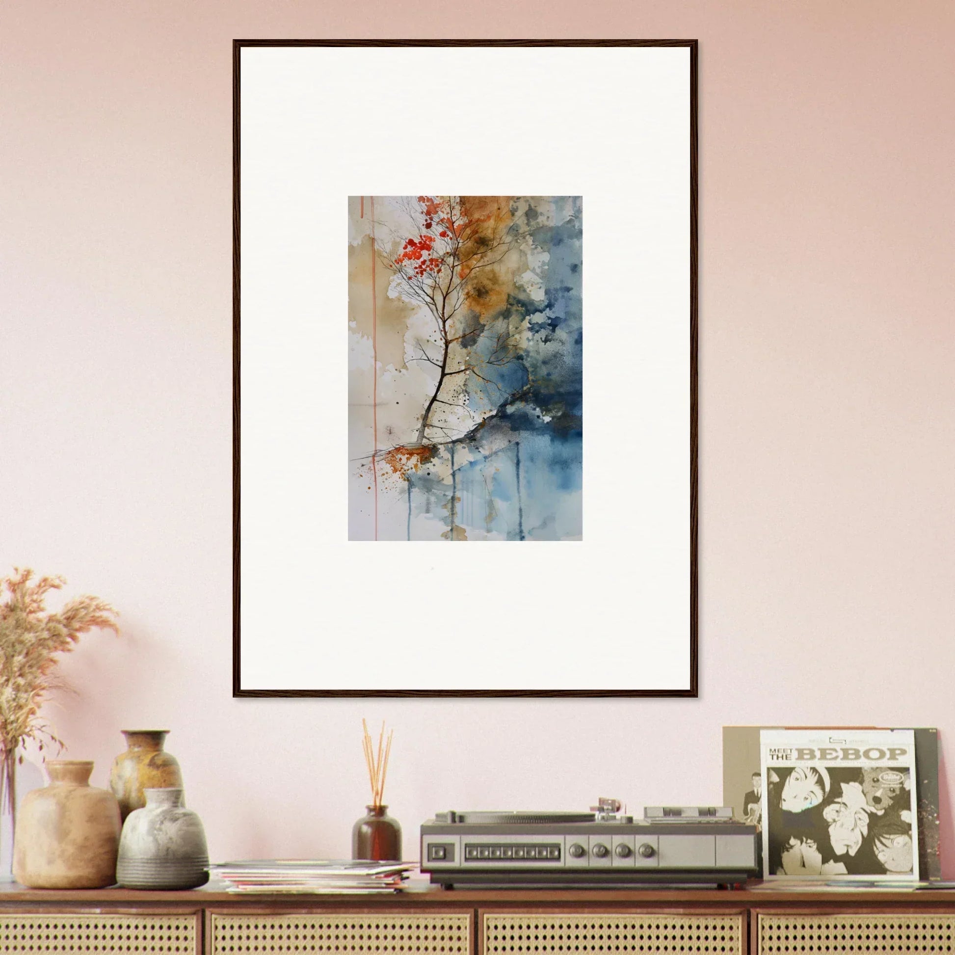 Framed watercolor painting of branch with red berries for beautiful room decor