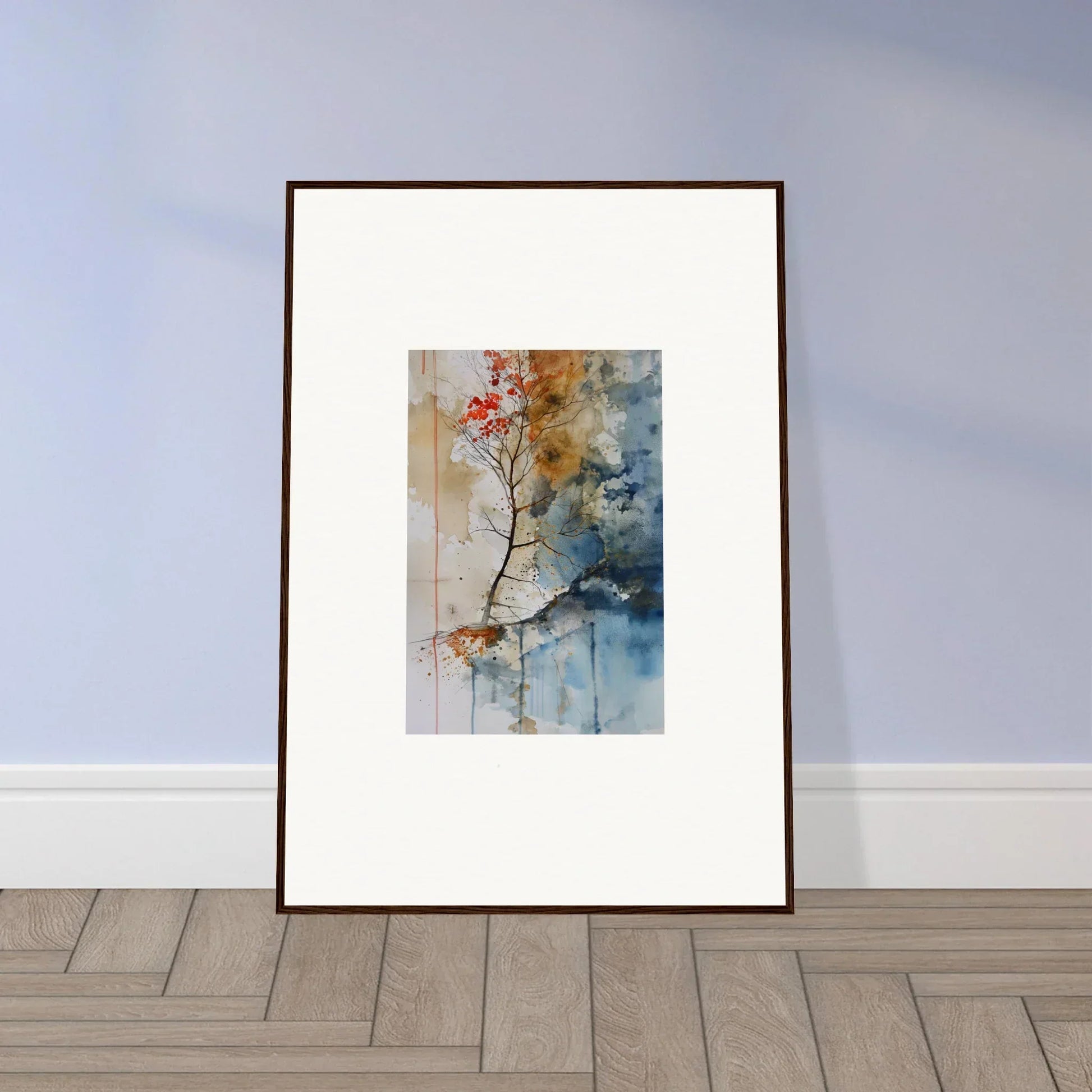 Framed watercolor painting of red blossoms for elegant room decor and Spectrum Spoon display