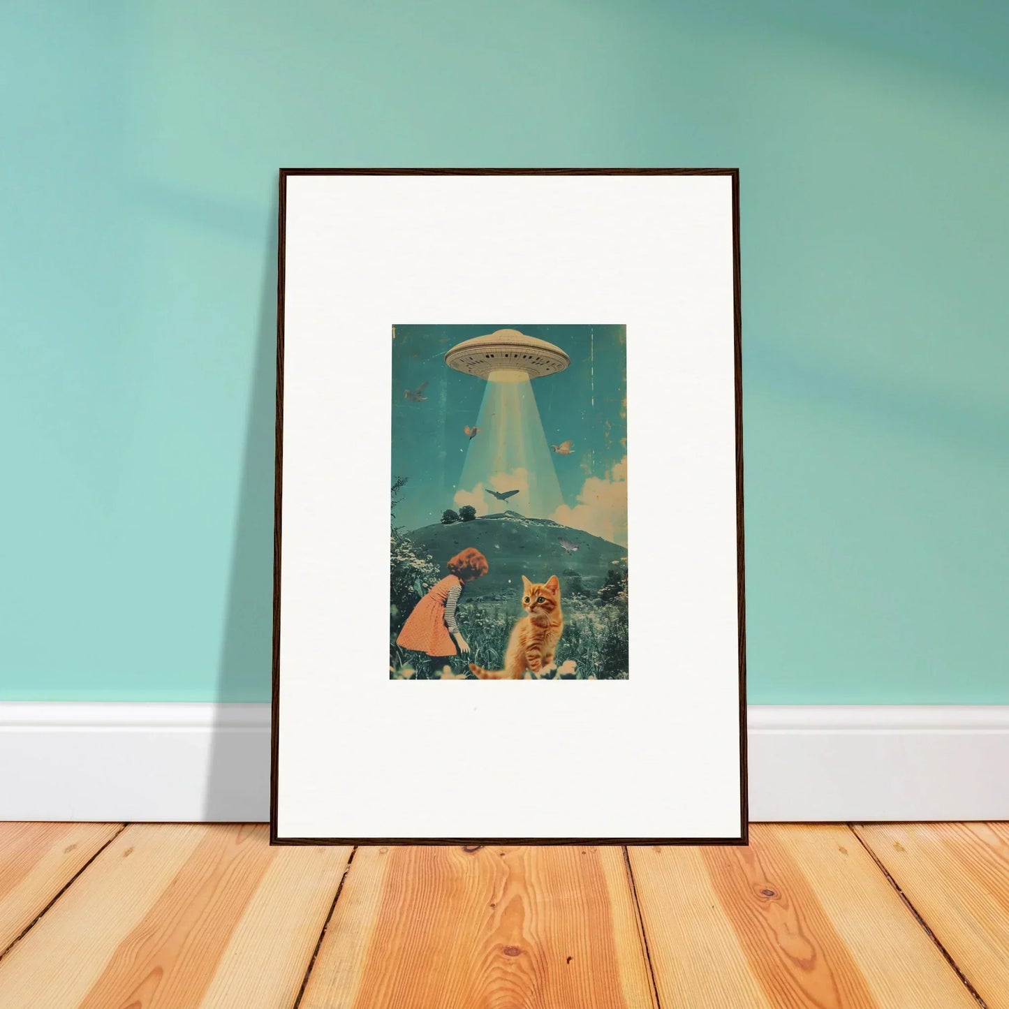 Framed canvas print featuring a UFO over a landscape, perfect for Voyaging Moonflex décor