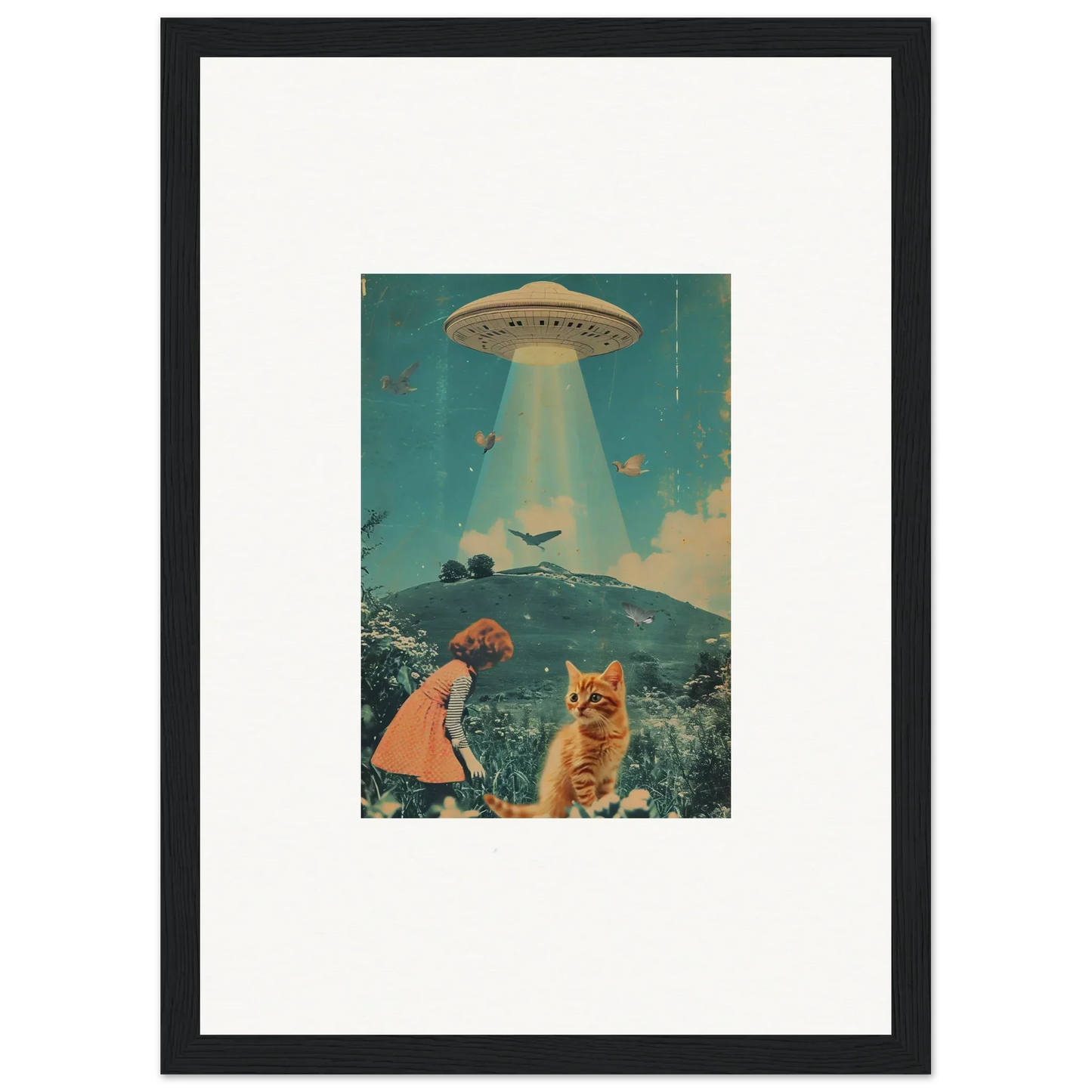 Framed collage of a UFO, child, and cat for quirky room decoration in Voyaging Moonflex