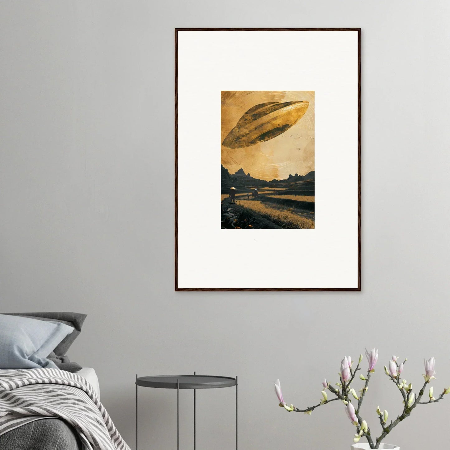 Framed canvas print of a UFO over a rural sunset for your Space Odyssey Abides room decoration