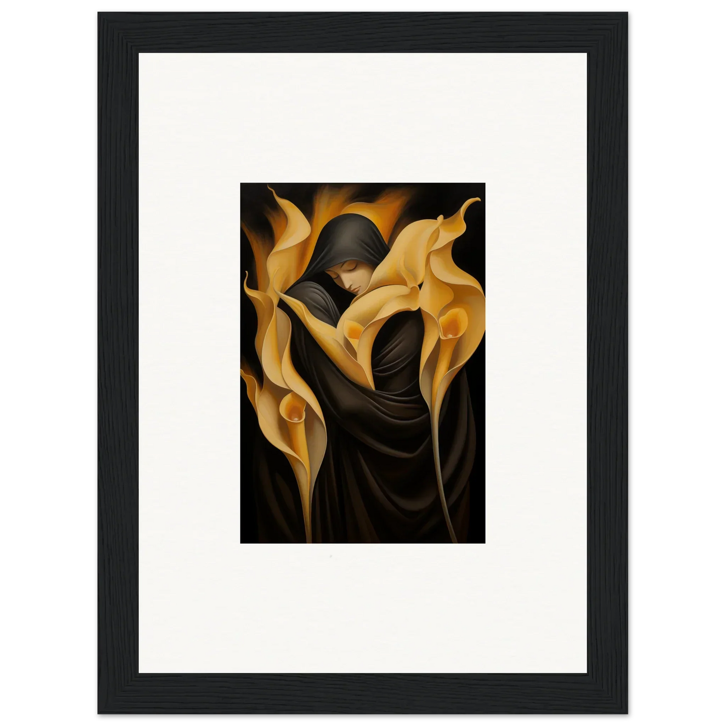 Framed canvas print of a figure in a dark robe with golden Wabbered Orchids for room decoration