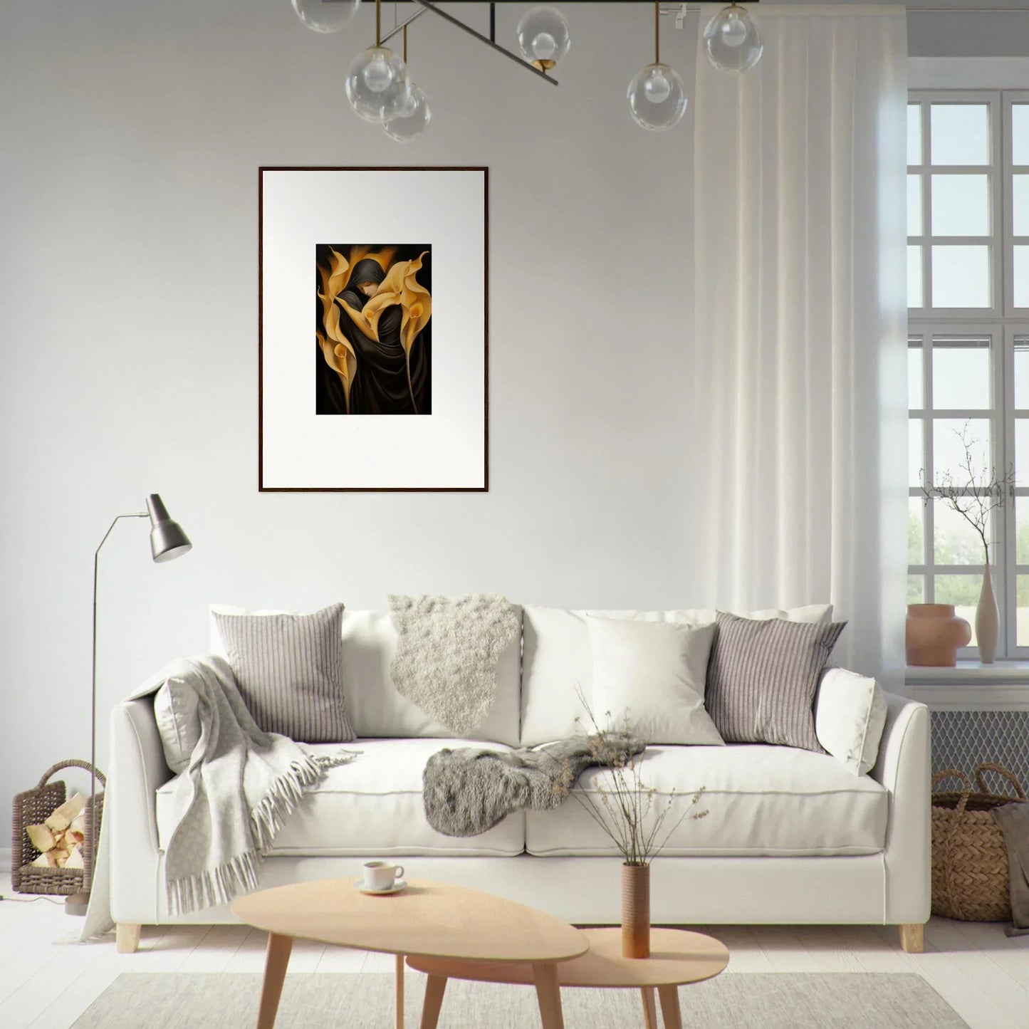 Cozy white sofa with throw pillows and blankets for chic room decoration featuring Wabbered Orchids