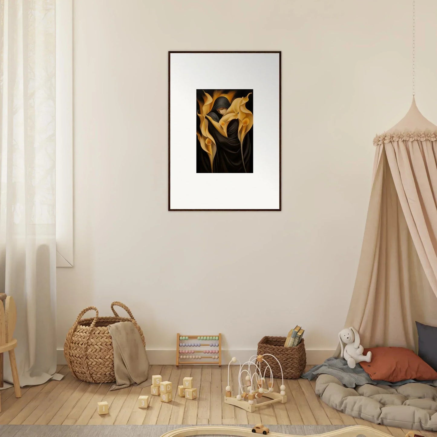 Framed canvas print of golden calla lilies for stylish room decoration
