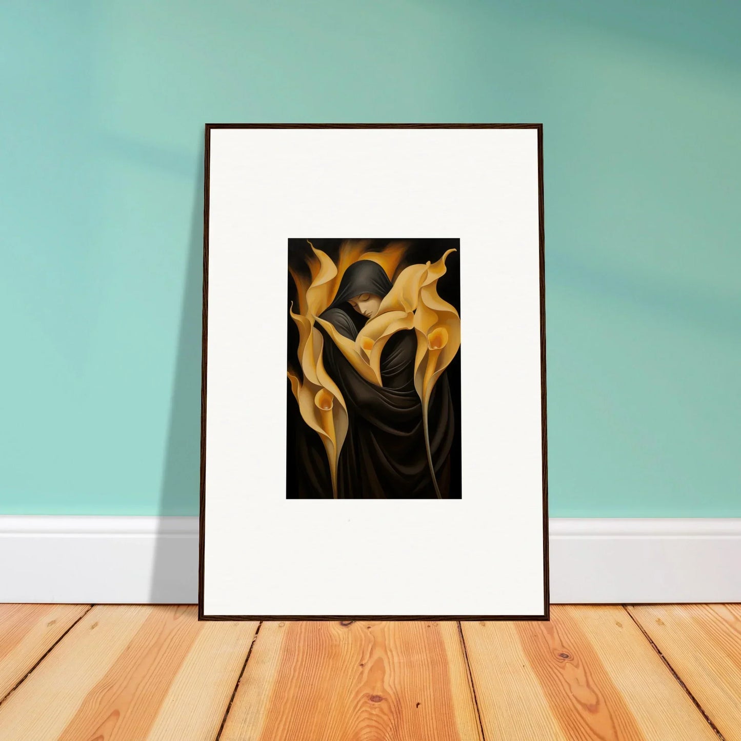 Stylized golden and black calla lilies canvas print for chic room decoration