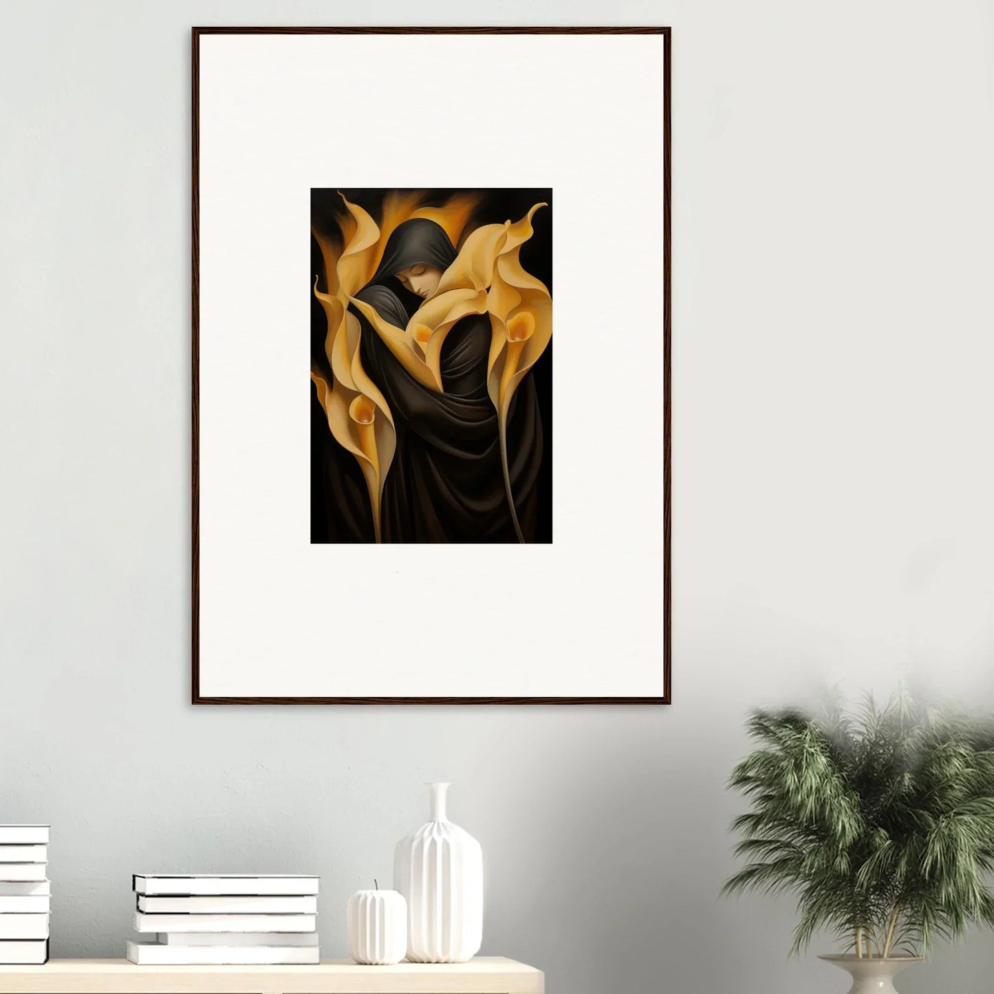 Framed canvas print of Wabbered Orchids in gold and dark floral design for room decoration