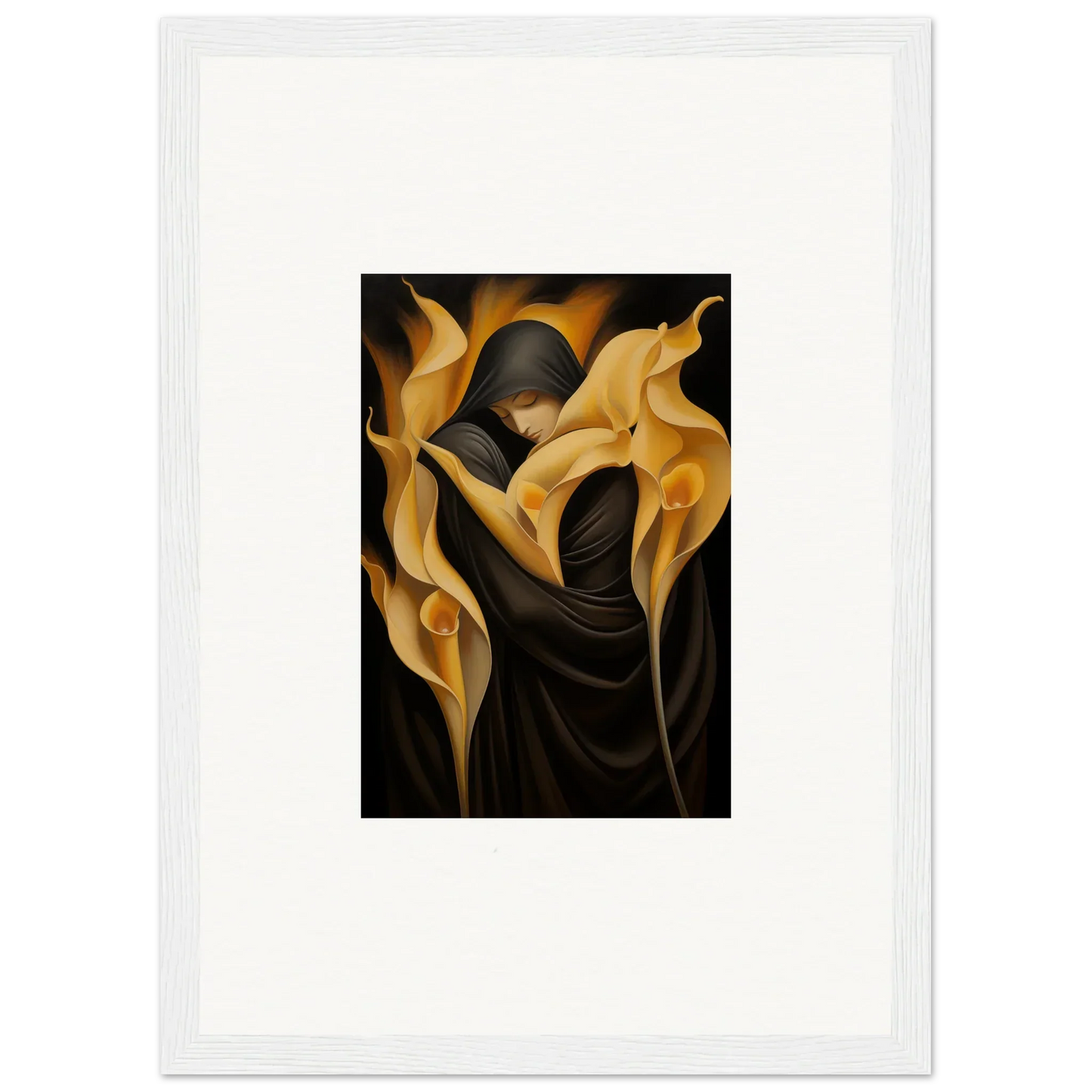 Framed canvas print of a figure in black with golden calla lilies for stunning room decoration