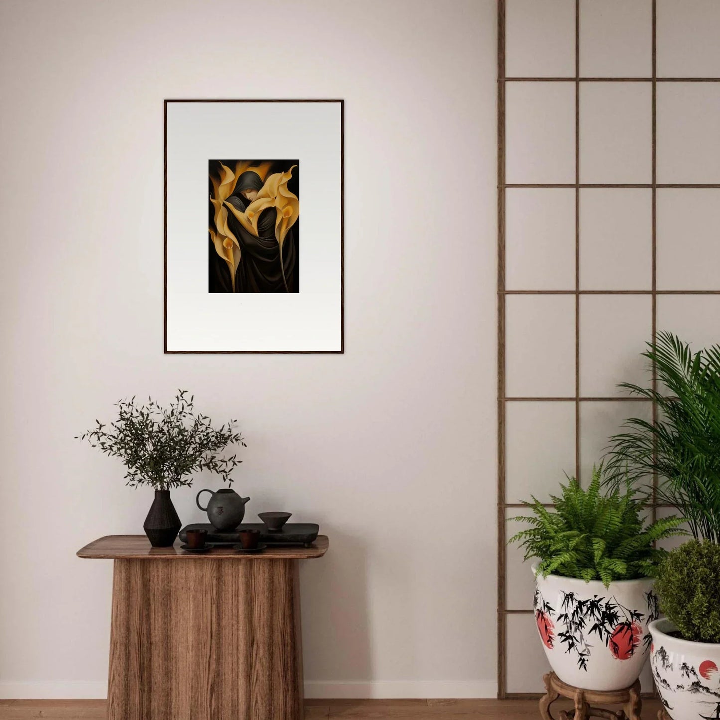 Framed canvas print of golden flame-like shapes, perfect for room decoration with Wabbered Orchids