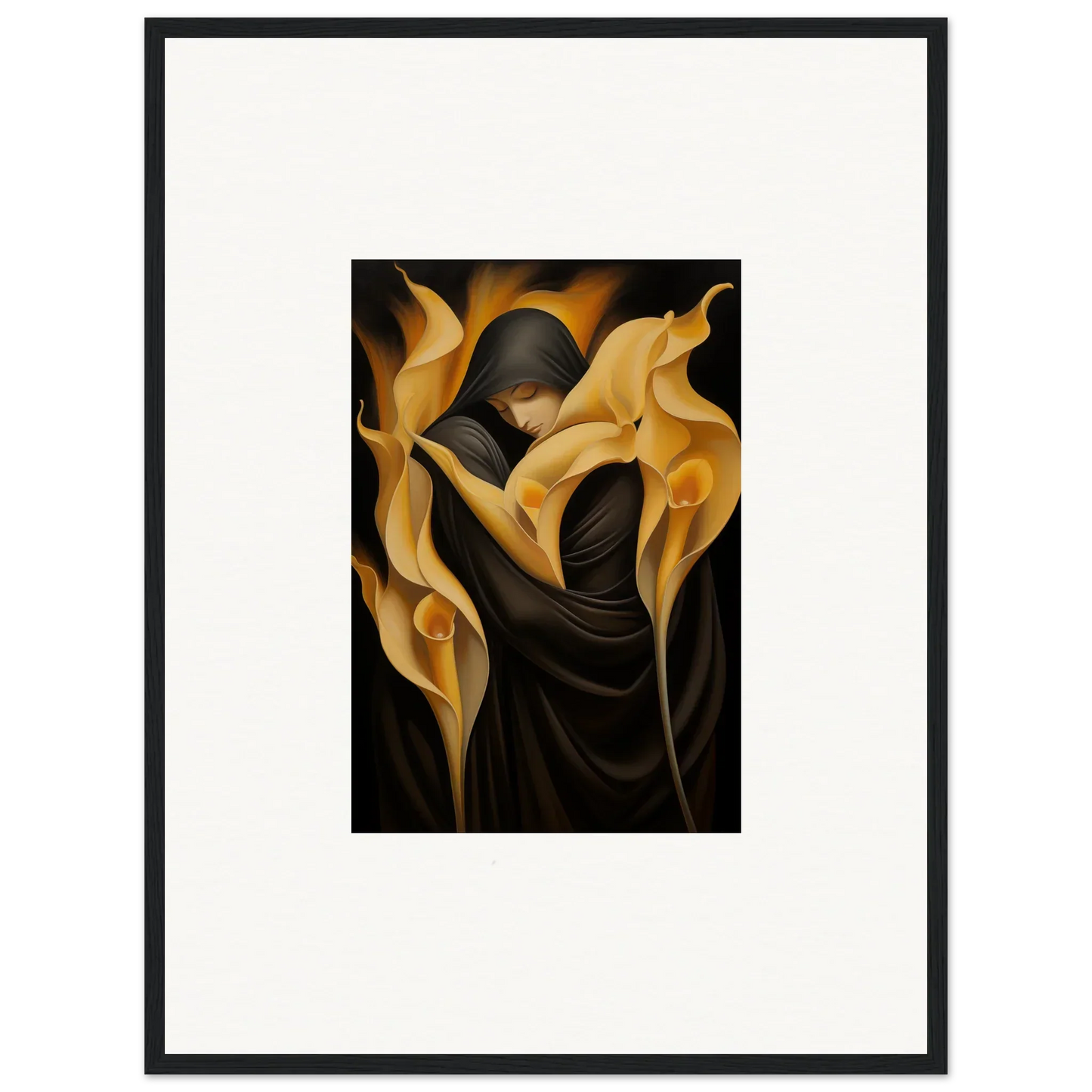 Framed canvas print of golden calla lilies, perfect for room decoration with Wabbered Orchids
