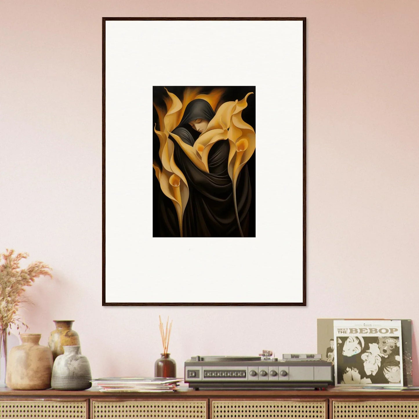 Framed canvas print of golden calla lilies for stylish room decoration