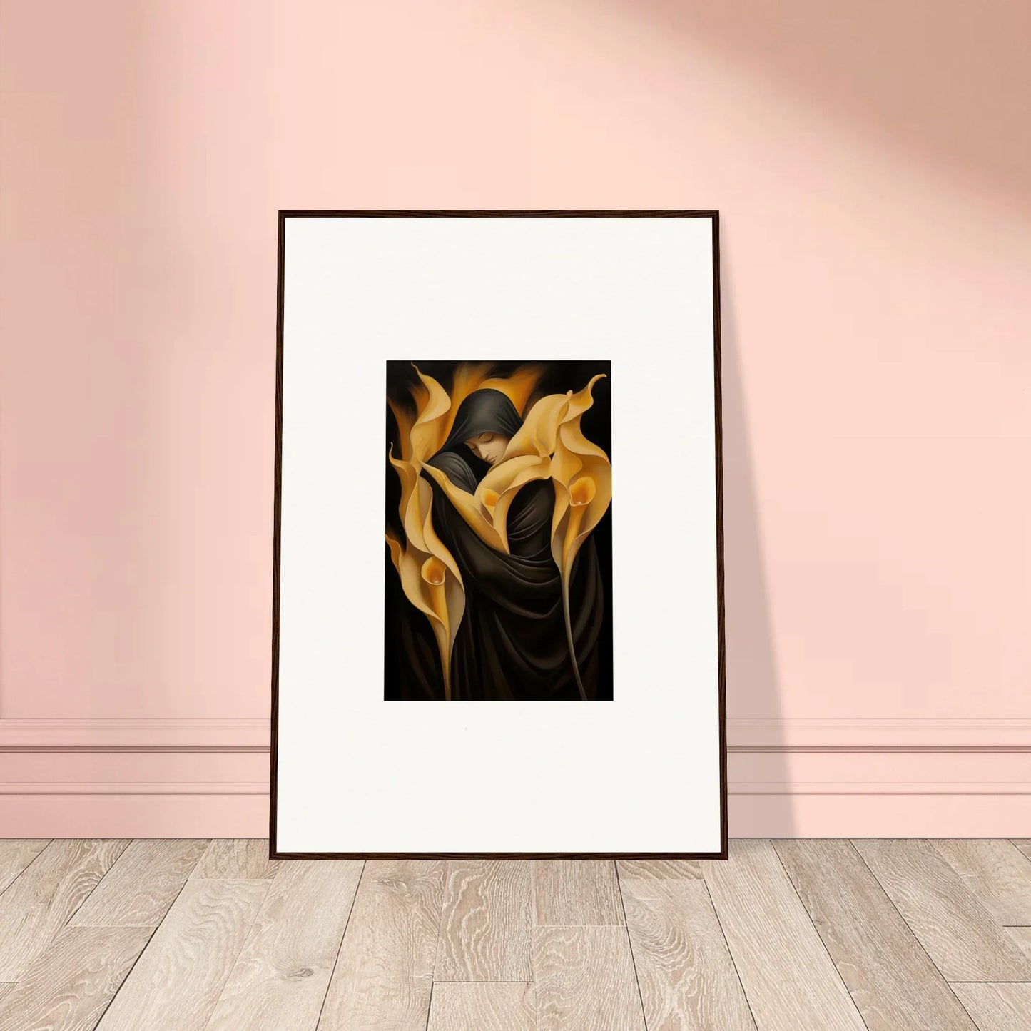 Framed canvas print of golden flame shapes, perfect for room decoration with Wabbered Orchids