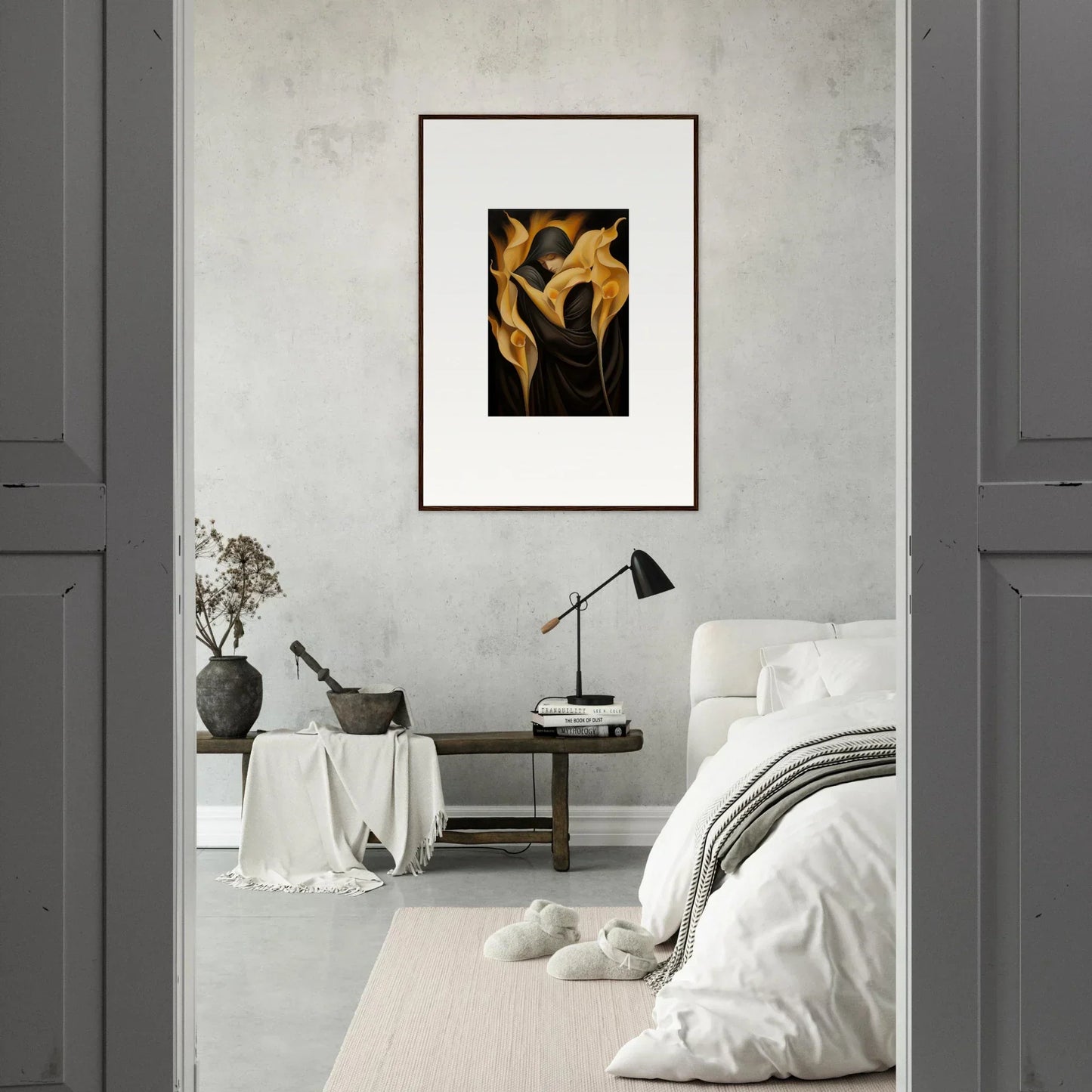 Framed canvas print of golden calla lilies for stylish room decoration