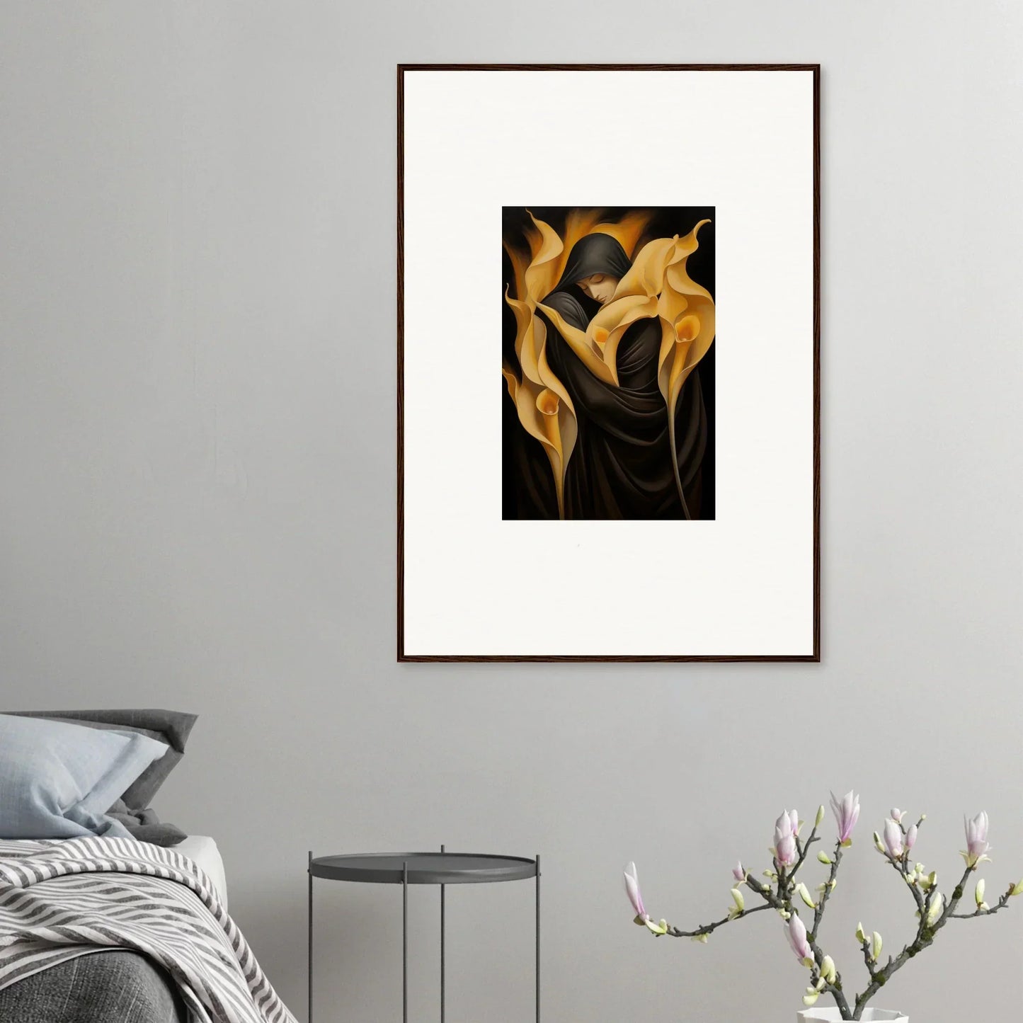 Framed canvas print of golden calla lilies for chic room decoration featuring Wabbered Orchids