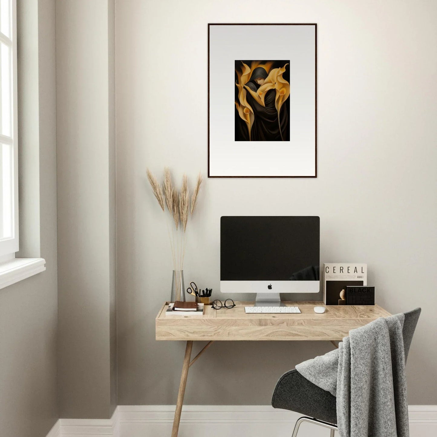 Minimalist home office with a wooden desk, computer, and Wabbered Orchids canvas print