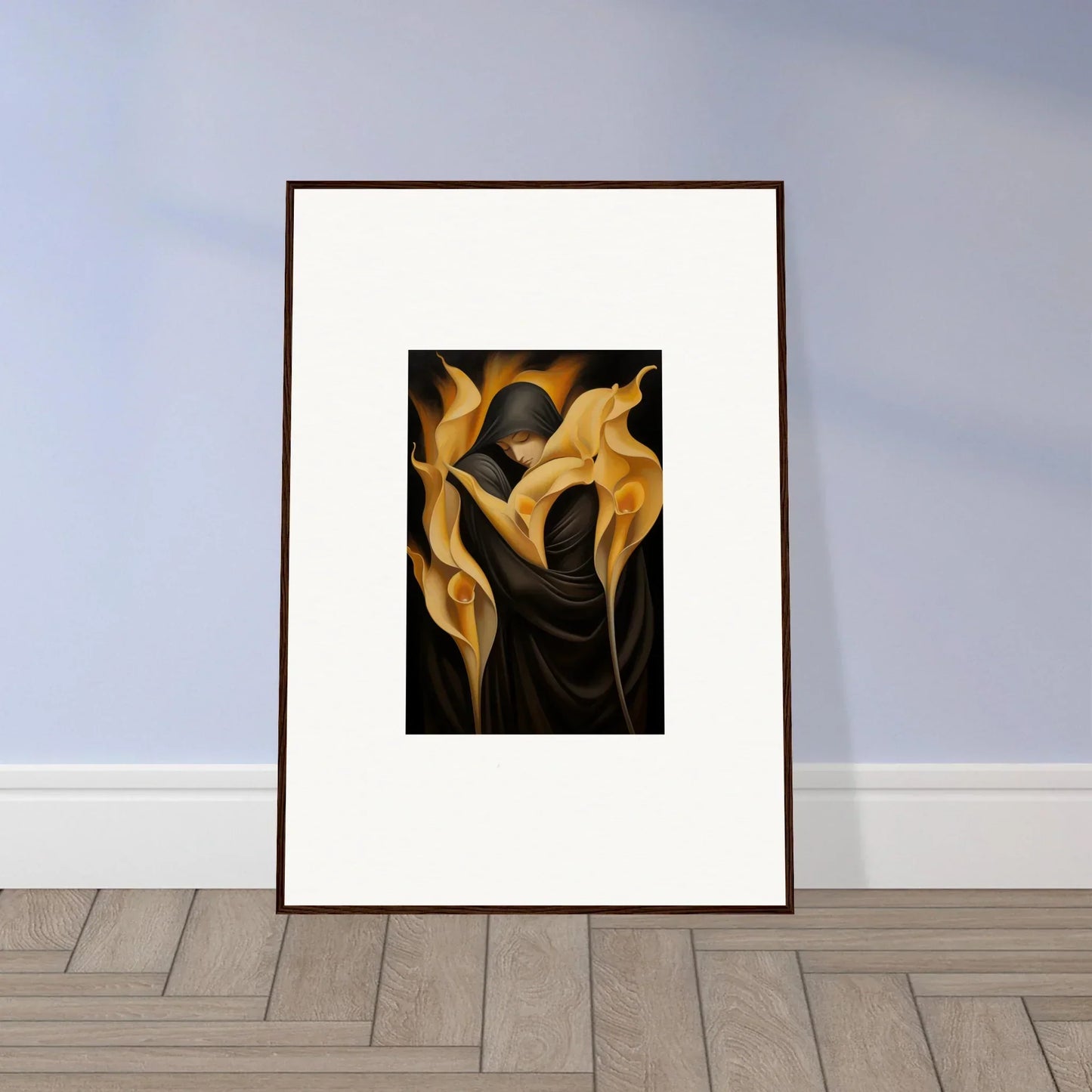 Framed canvas print of golden calla lilies for chic room decoration with Wabbered Orchids