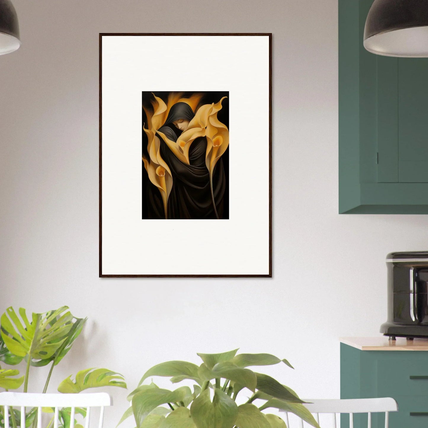 Framed canvas print of golden calla lilies, perfect for stylish room decoration