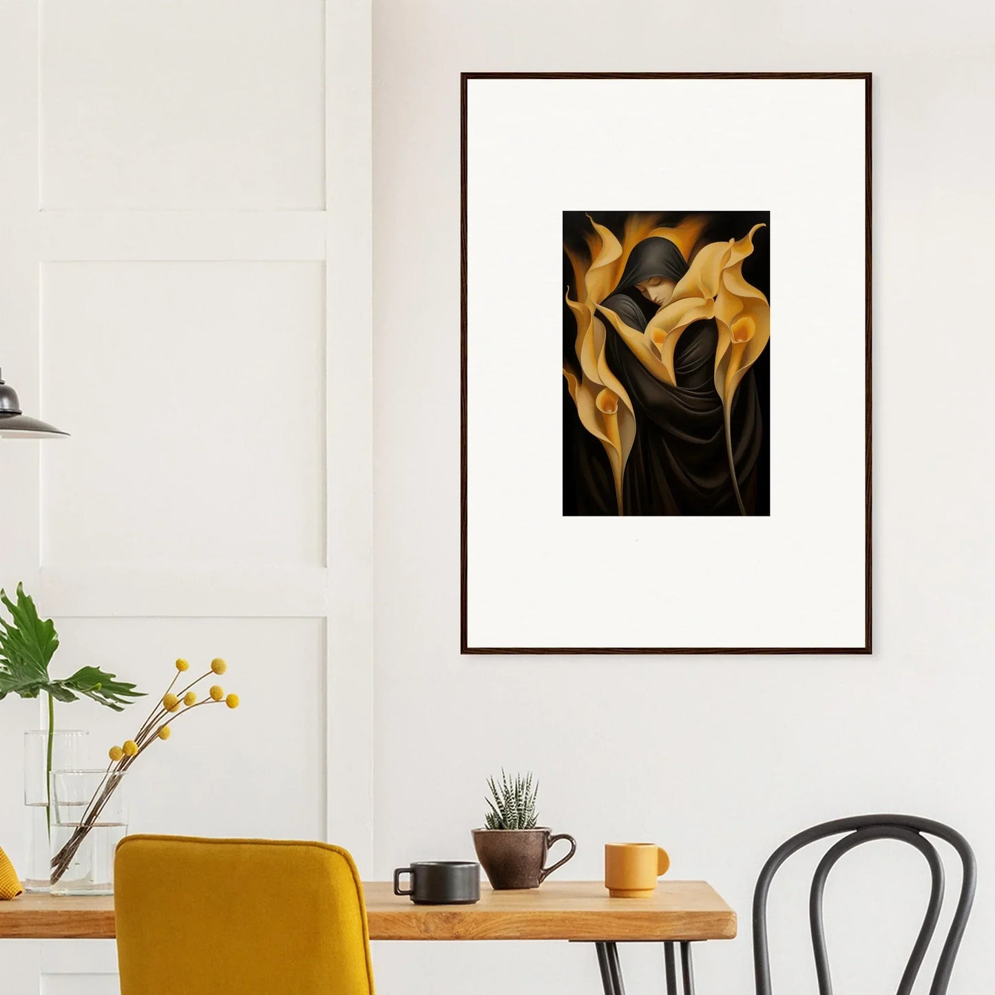 Framed canvas print of golden calla lilies, perfect for room decoration