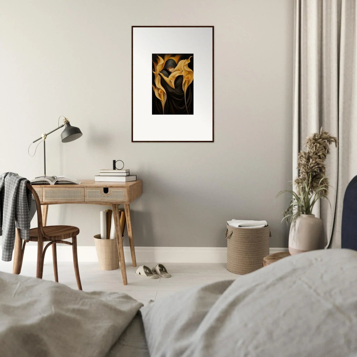 Framed canvas print of golden calla lilies, perfect for room decoration with Wabbered Orchids