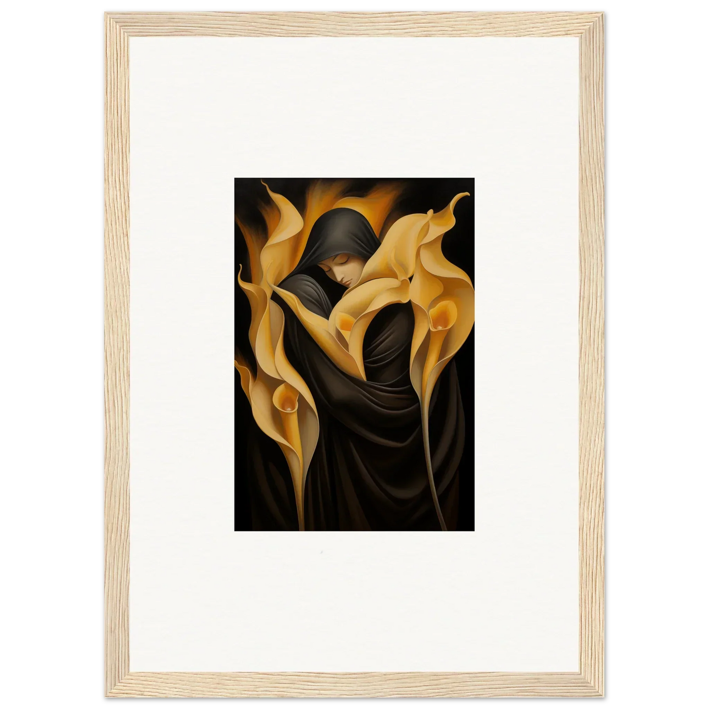 Framed canvas print of a figure in black robe with golden calla lilies for room decoration