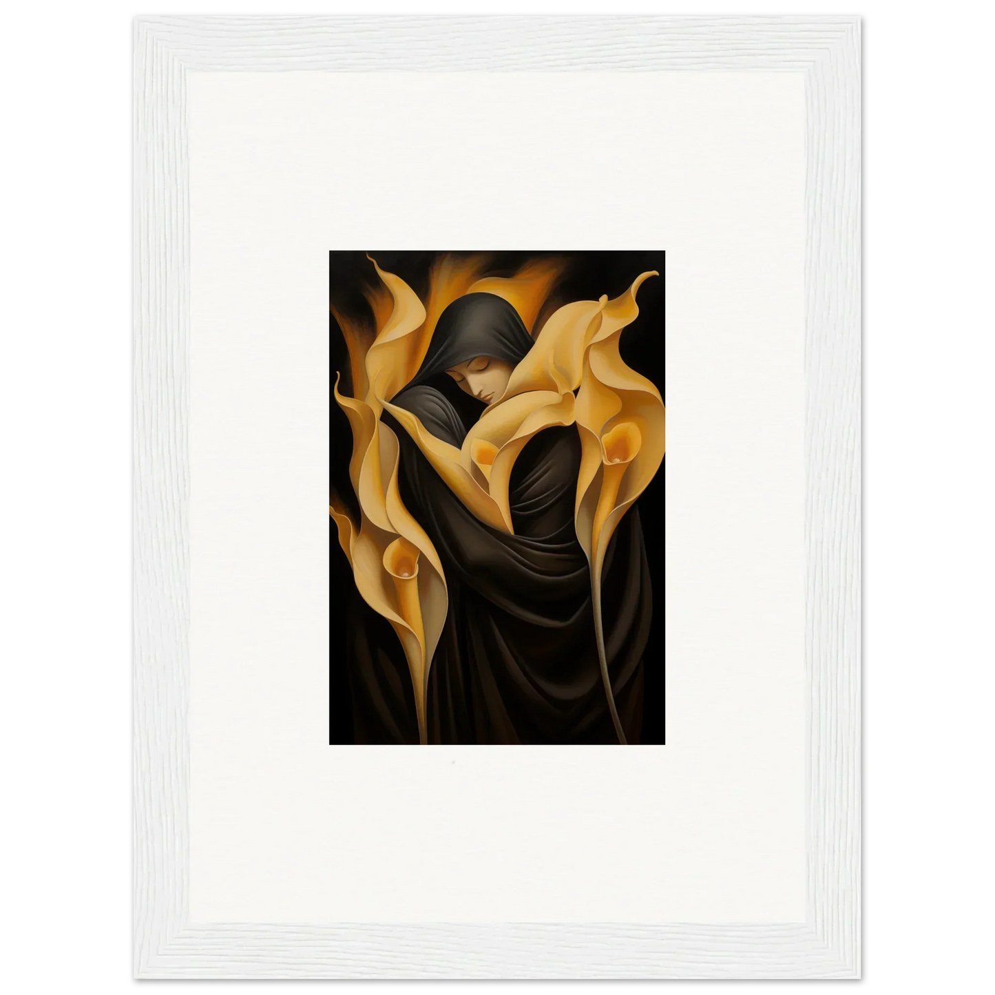 Hooded figure with golden calla lilies creating a vibe for your Wabbered Orchids room decoration canvas print