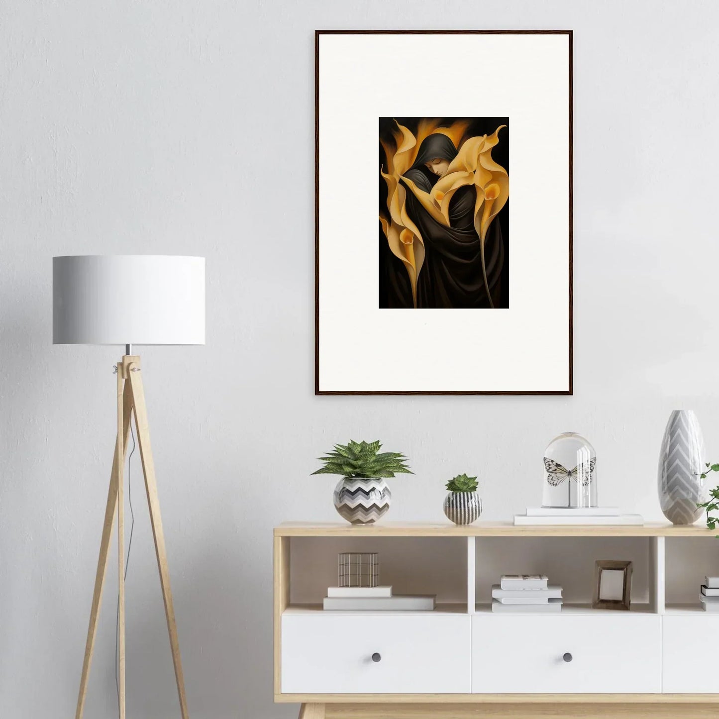 Framed canvas print of golden calla lilies for chic room decoration with Wabbered Orchids