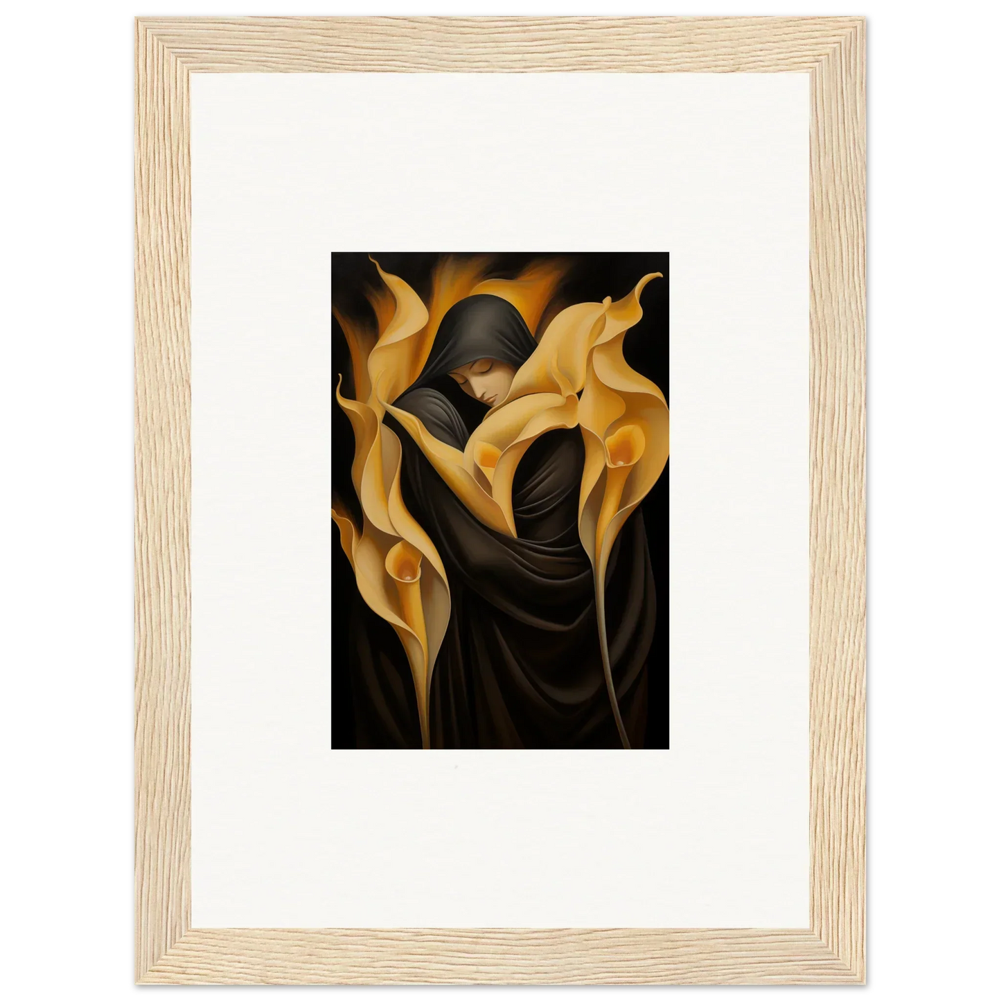 Framed canvas print of a figure in dark robes with golden calla lilies for room decoration