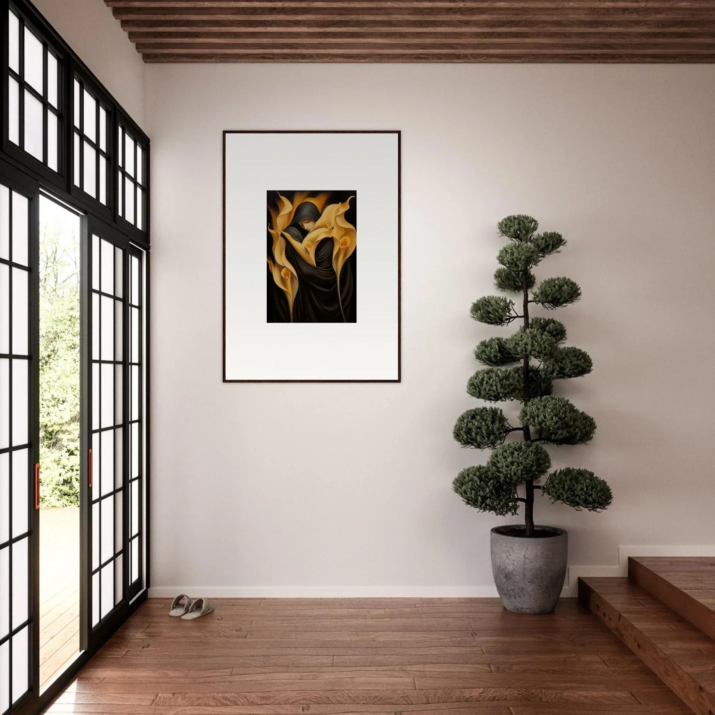 Framed abstract canvas print of golden Wabbered Orchids on a dark background