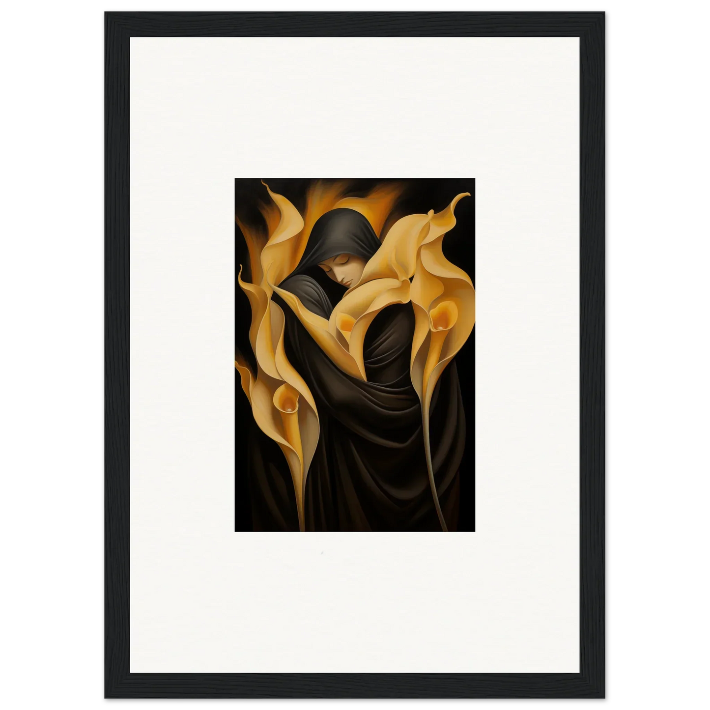 Hooded figure and golden calla lilies in a stunning Wabbered Orchids canvas print