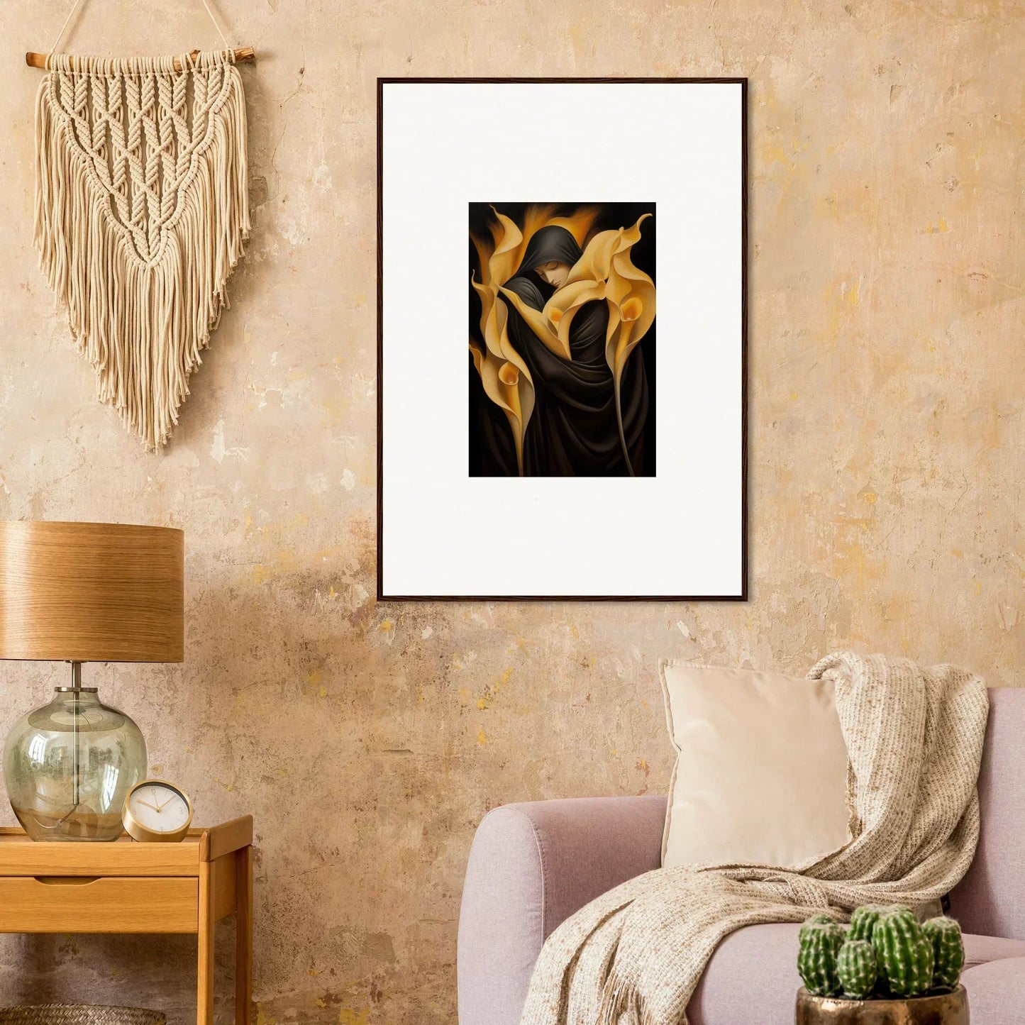 Framed canvas print of golden calla lilies, perfect for Wabbered Orchids room decoration