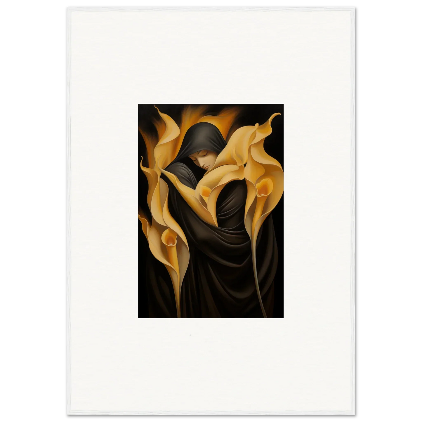 Stylized painting of golden Calla Lilies and dark figure for room decoration canvas print