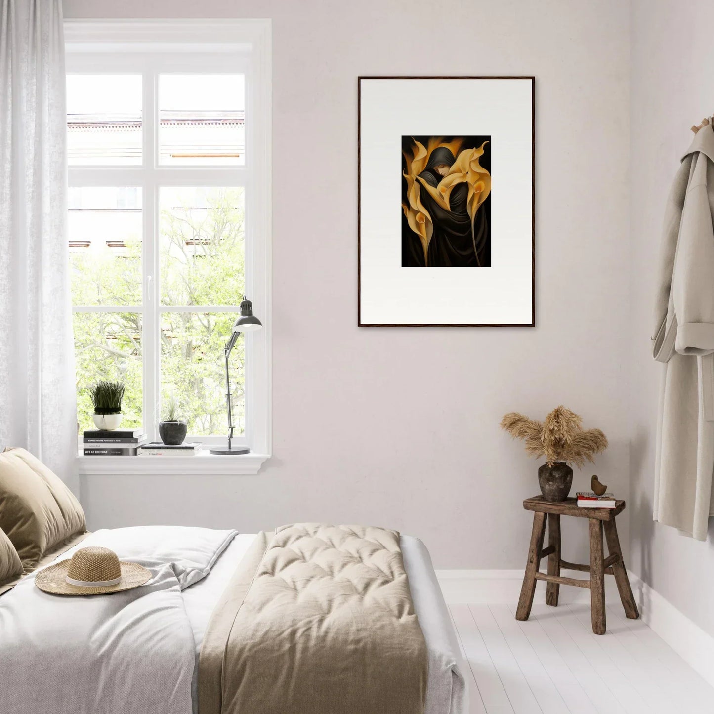 Serene bedroom with minimalist decor and Wabbered Orchids canvas print