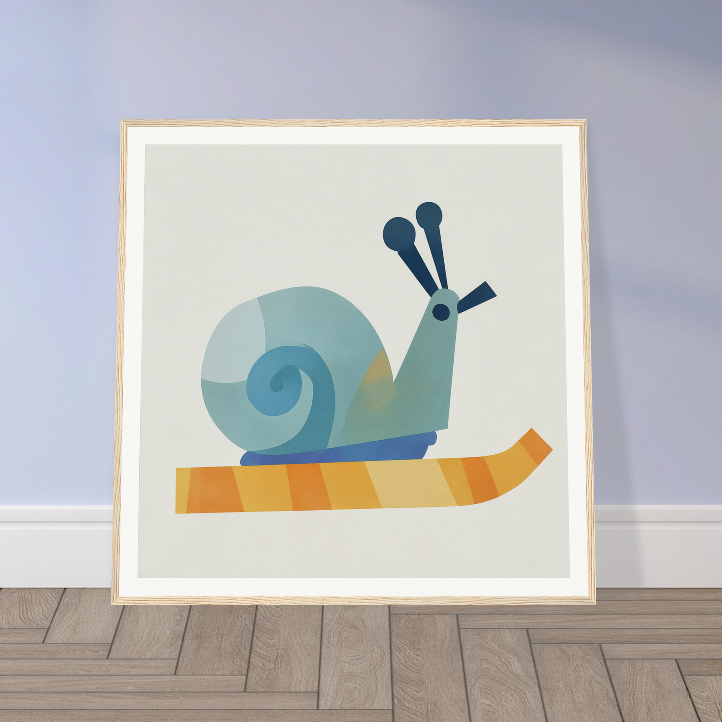 Stylized blue snail on orange surface from Spiral Dreams Voyage collection
