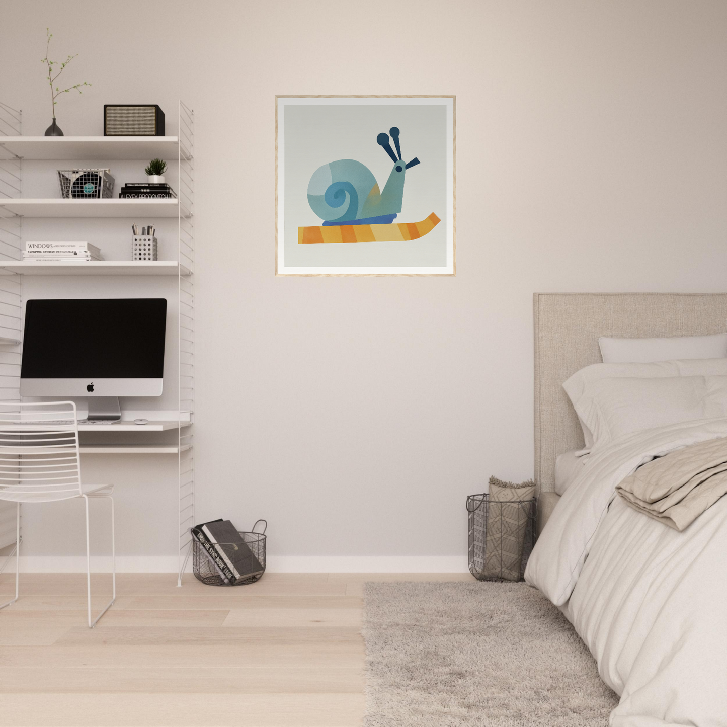Cute cartoon snail illustration with teal shell in white frame for Spiral Dreams Voyage
