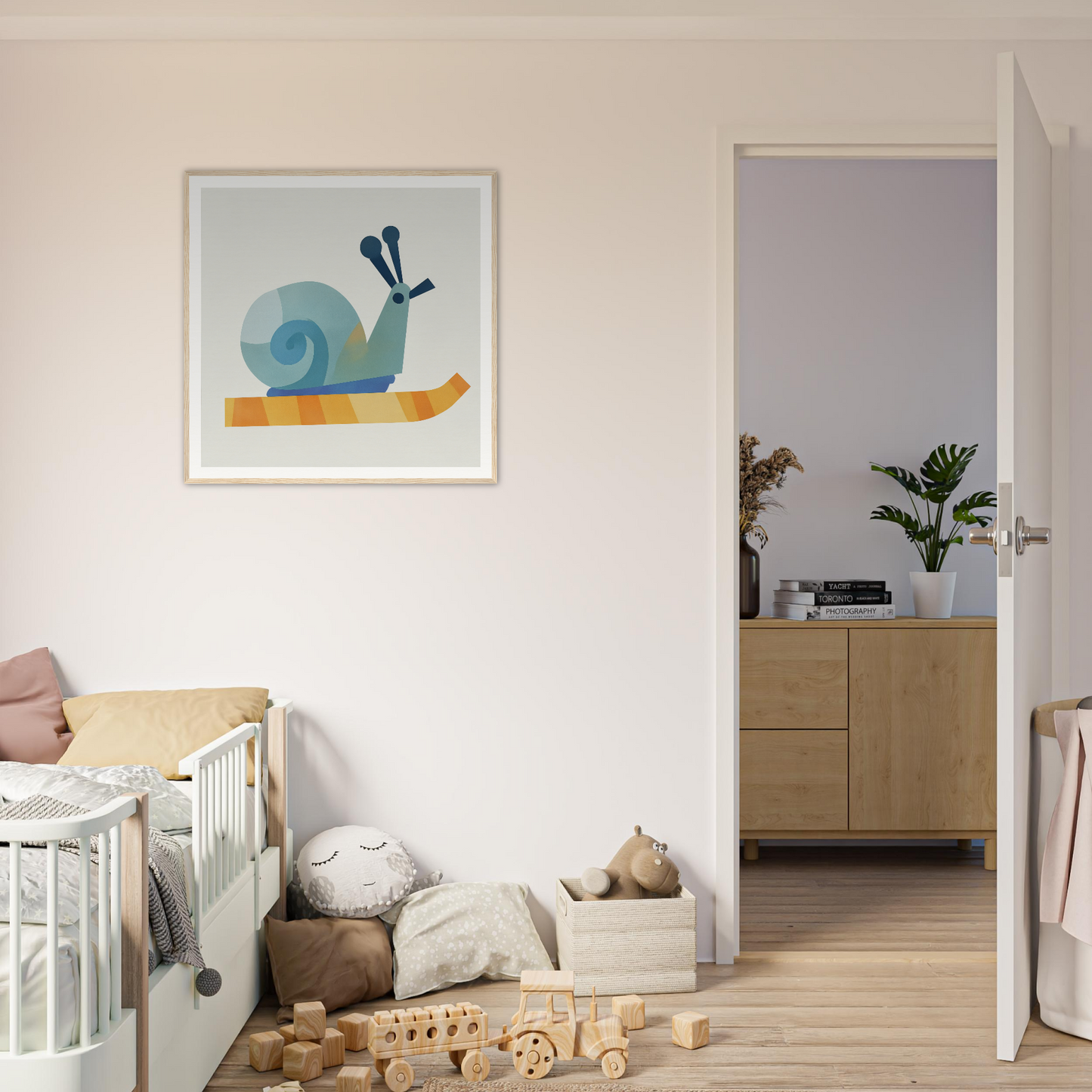 Whimsical blue snail artwork in a simple frame from Spiral Dreams Voyage collection