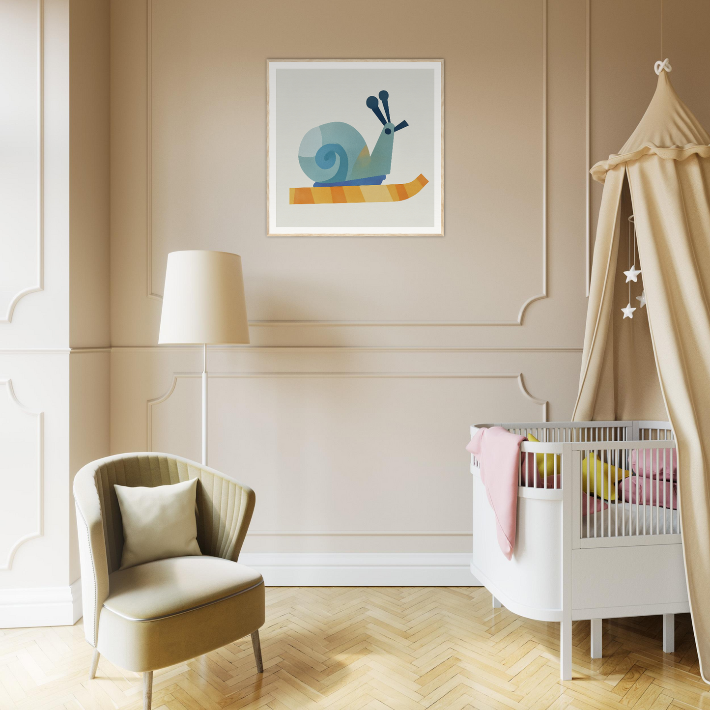 Whimsical blue snail artwork titled Spiral Dreams Voyage framed on a wall
