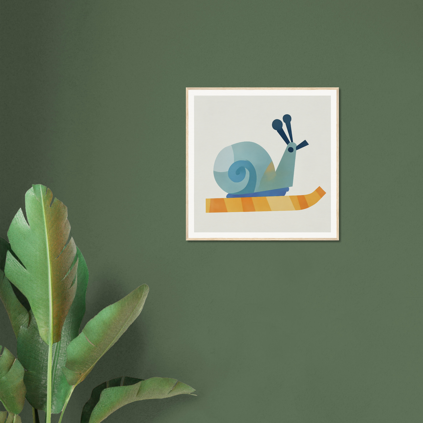 Framed illustration of a blue snail on an orange surface from Spiral Dreams Voyage