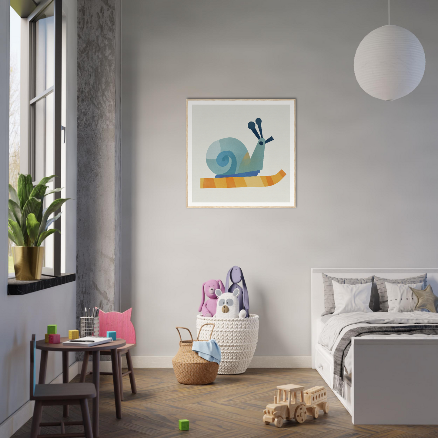 Whimsical snail artwork with a top hat for Spiral Dreams Voyage on gray wall