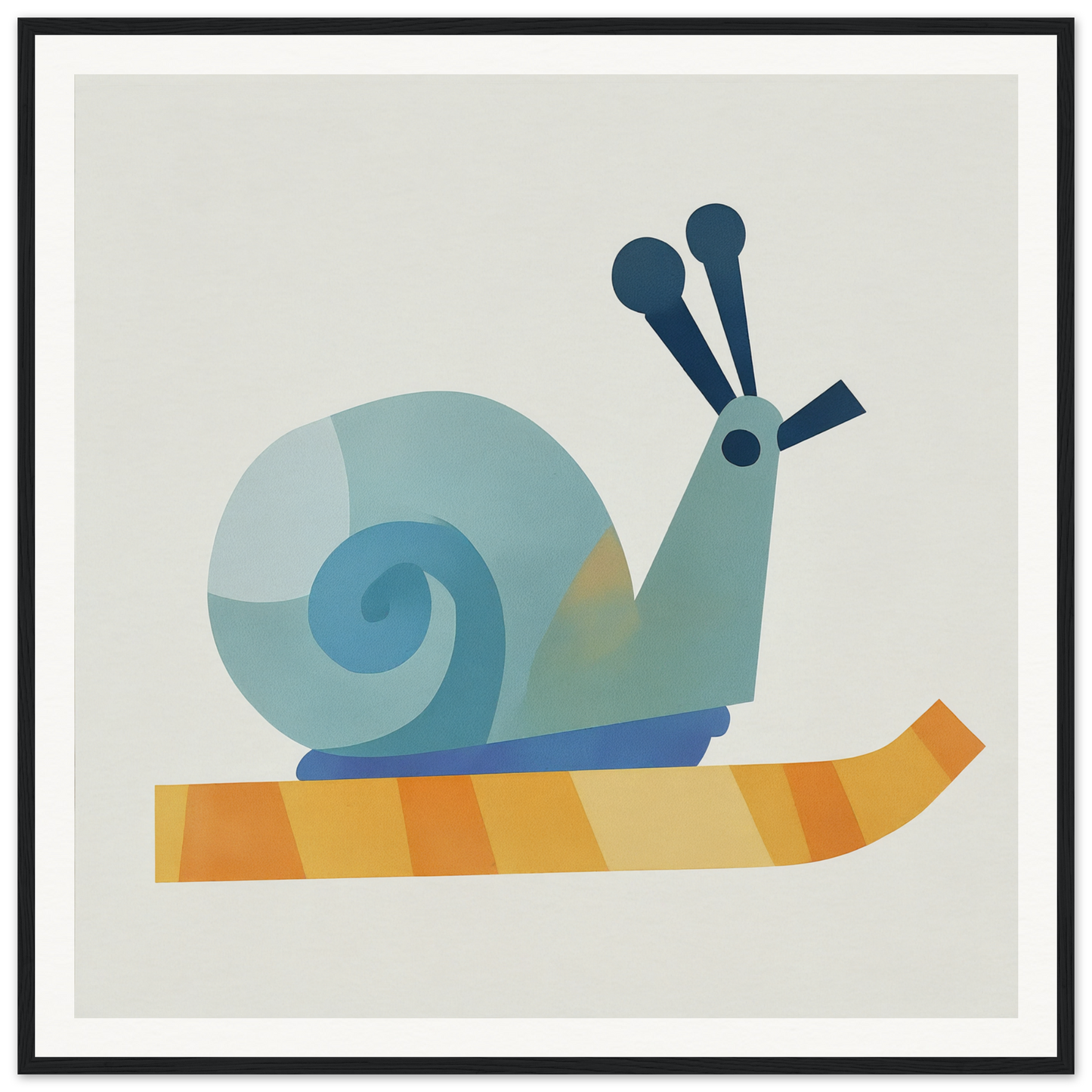 Blue snail with antennae on an orange striped surface for Spiral Dreams Voyage