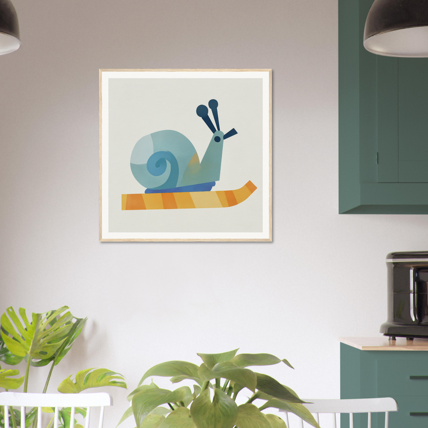 Geometric illustration of a blue snail on orange in Spiral Dreams Voyage design