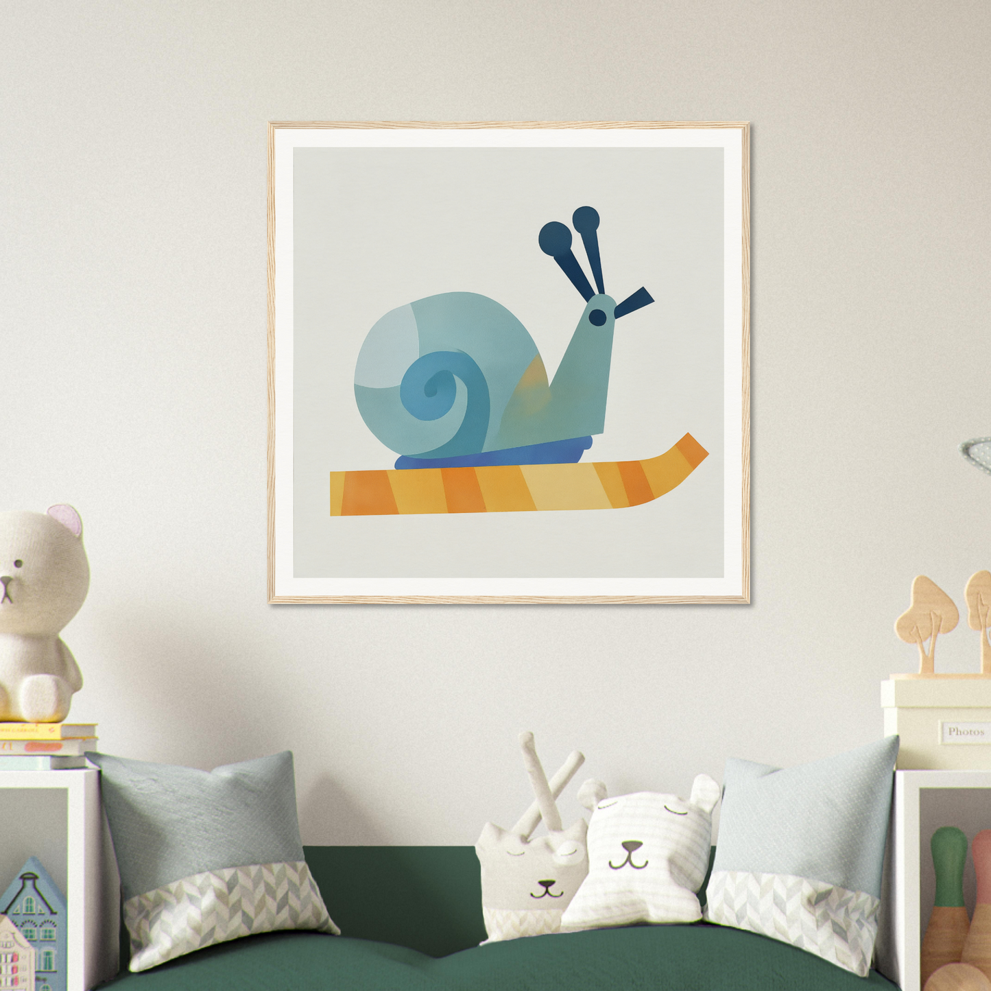Geometric blue snail illustration with orange trail for Spiral Dreams Voyage product