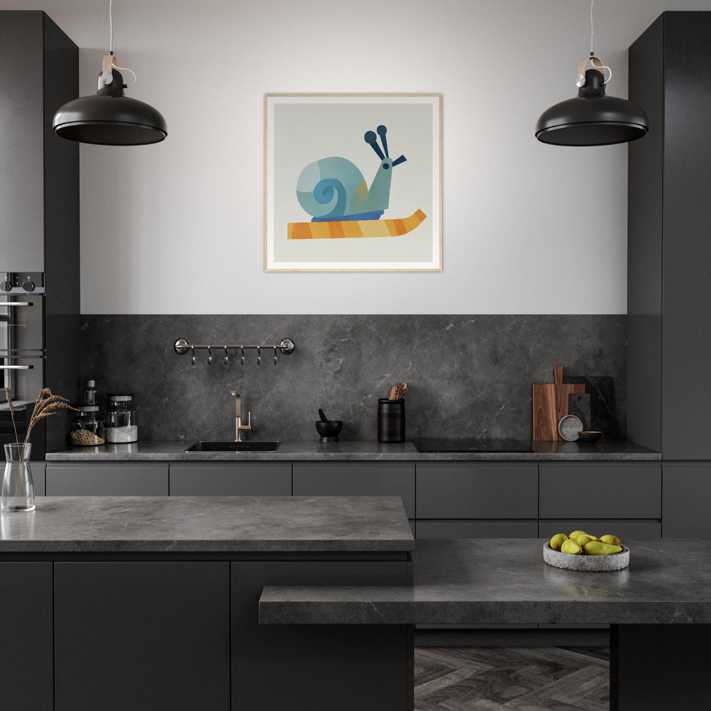 Modern dark gray kitchen featuring whimsical snail artwork from Spiral Dreams Voyage