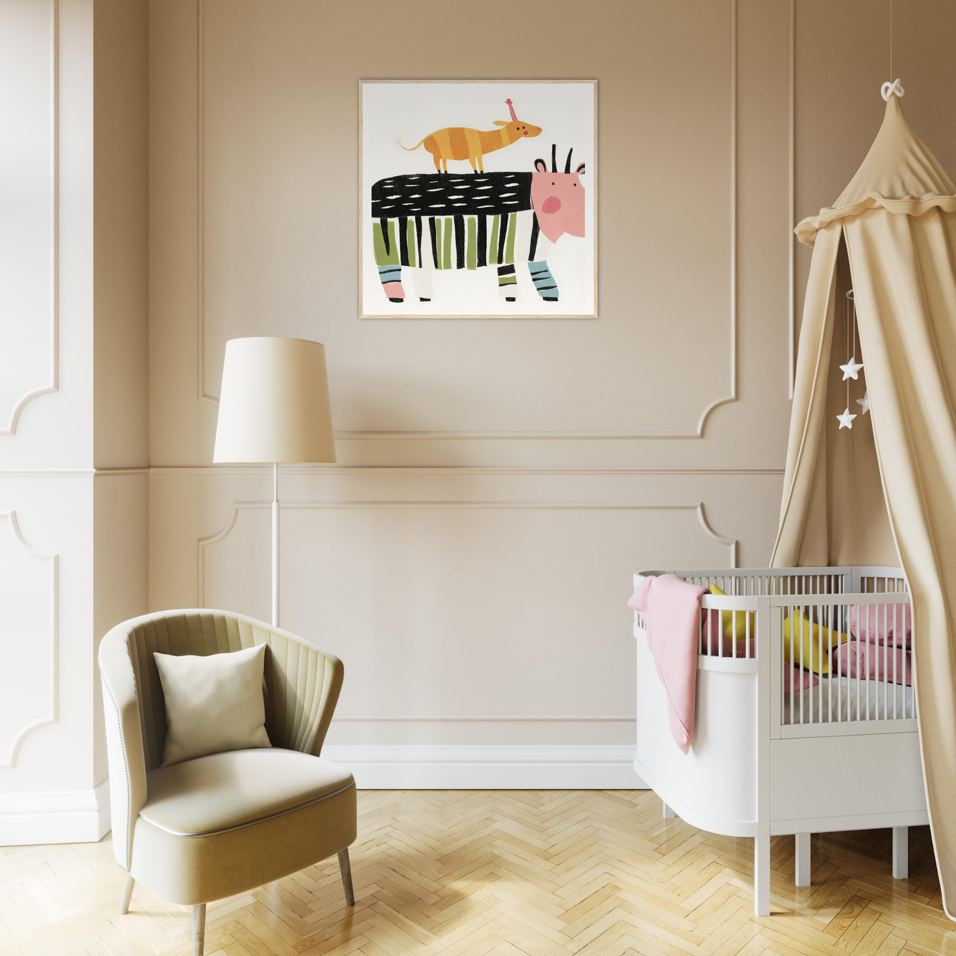 Modern nursery featuring Stacked Whimsies Dancing special edition art™ with canopy crib