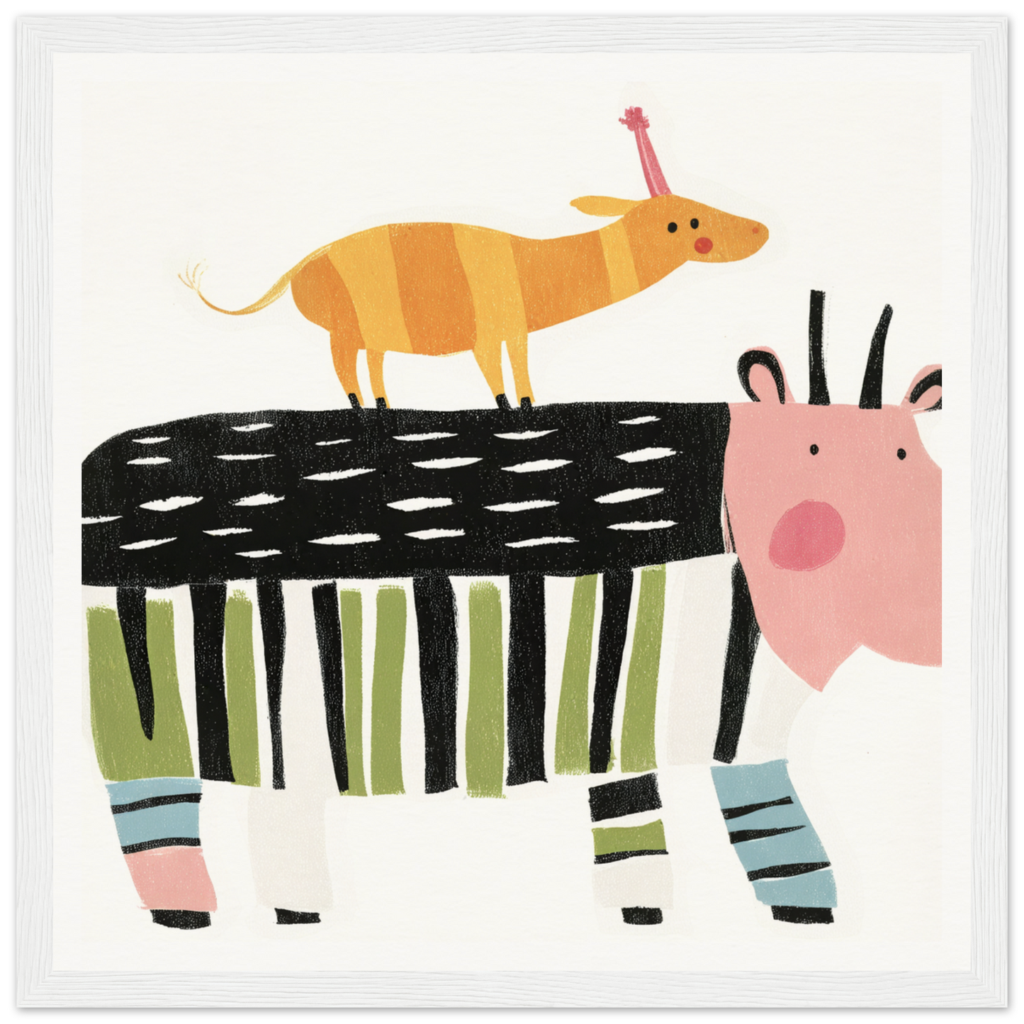 Whimsical illustration of a striped cow and orange dog for Special Edition Art™