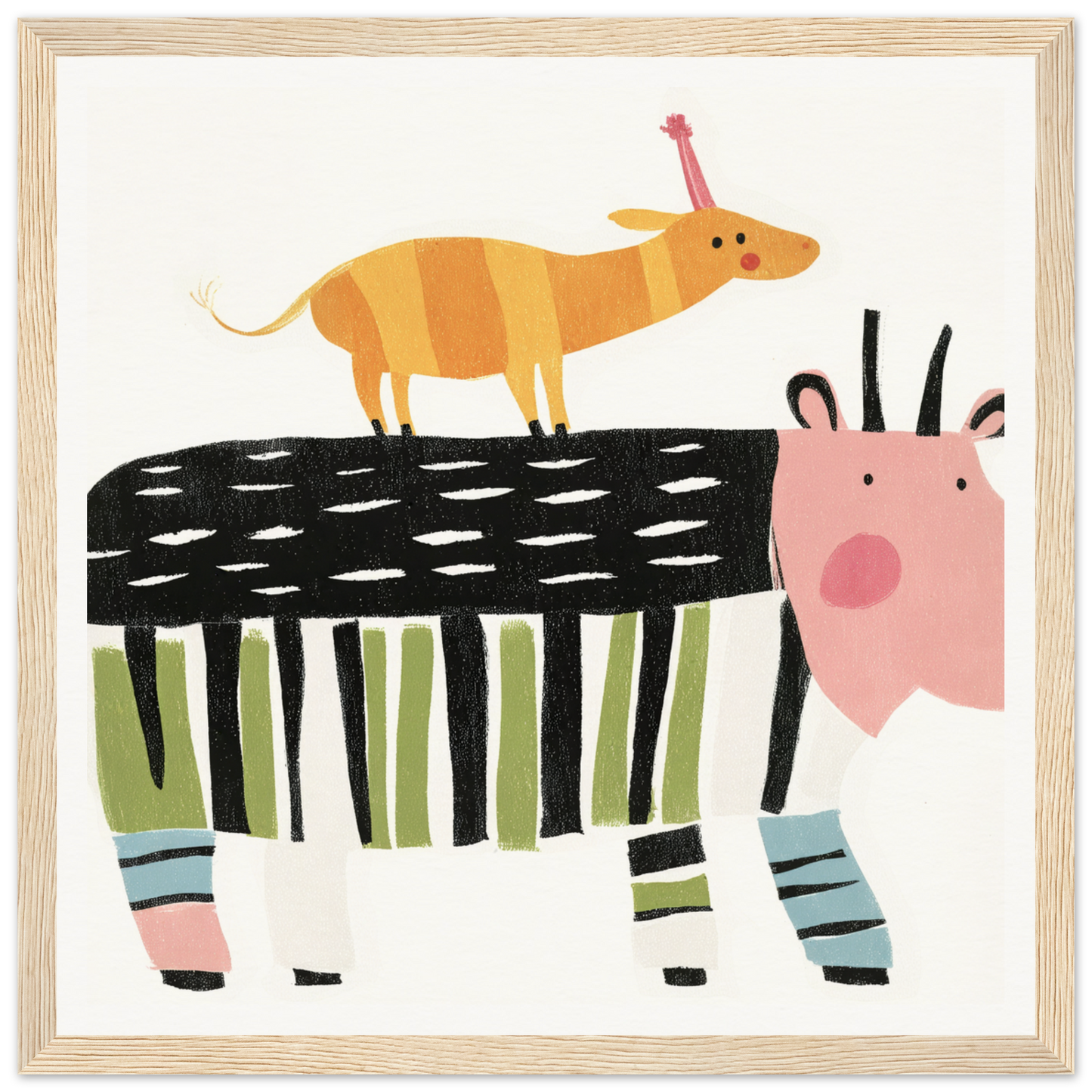 Whimsical special edition art of a striped cow with an orange dog on its back