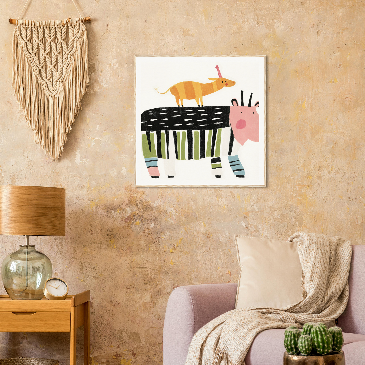 Whimsical special edition art™ featuring a pink zebra and an orange cat perched atop