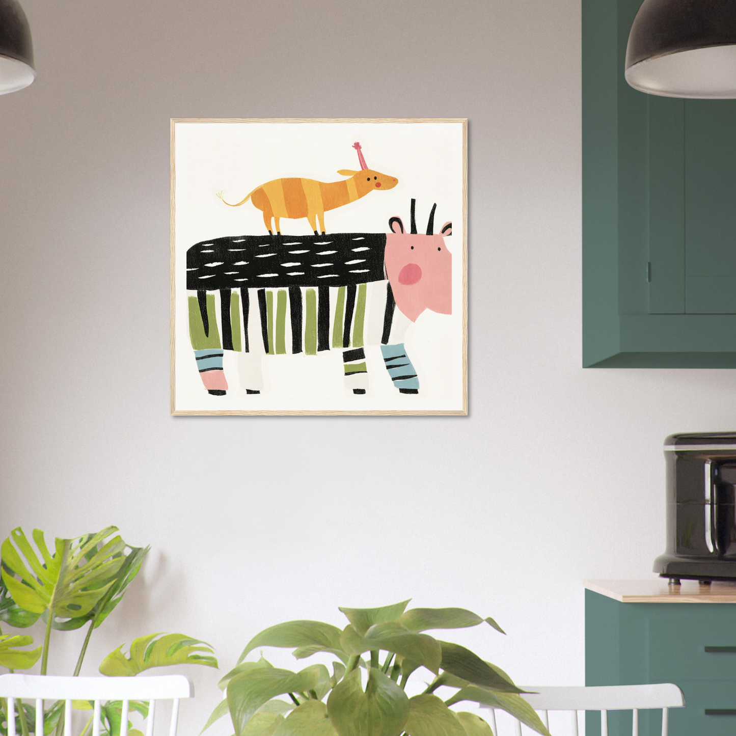Whimsical edition art print of a zebra with an antelope for Stacked Whimsies Dancing