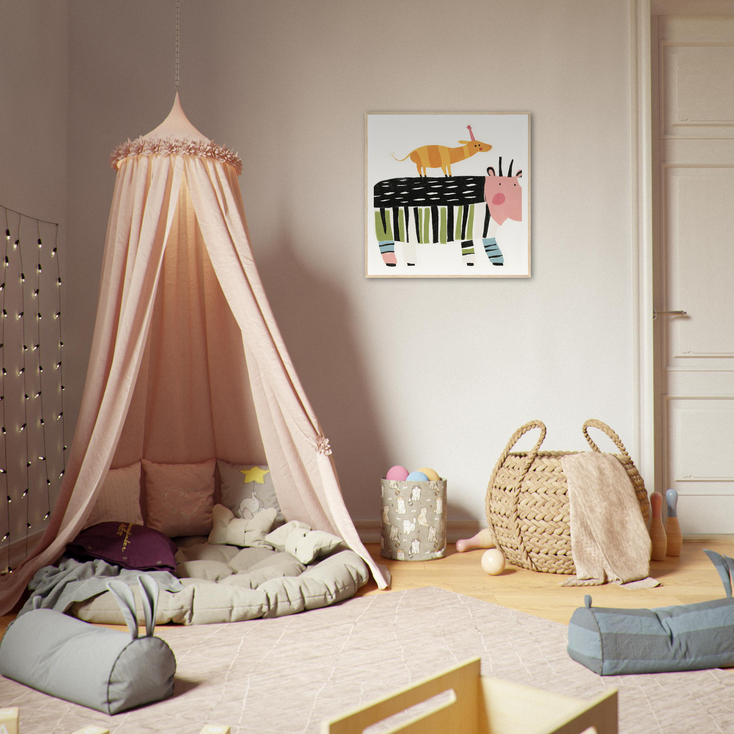 Peach-colored canopy tent with draped fabric and cushions for Special Edition Art™