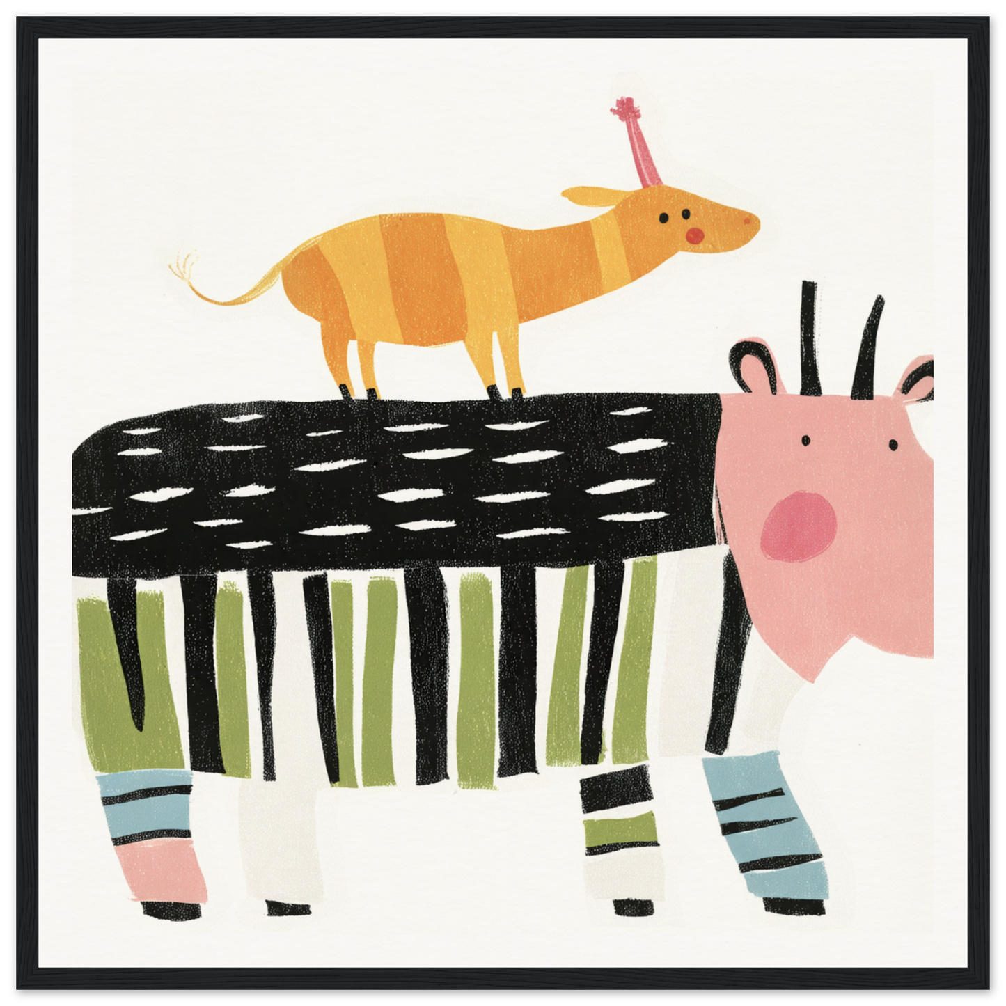 Whimsical illustration of a striped cow and orange dog in Stacked Whimsies Dancing special edition art™