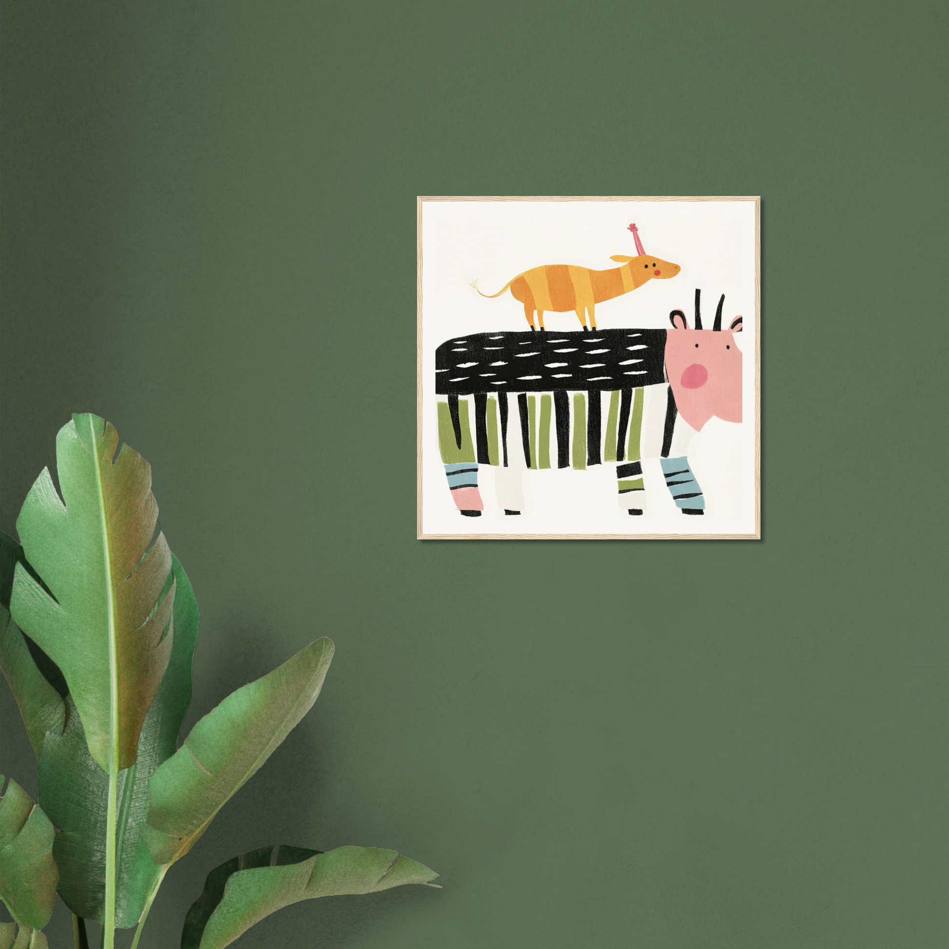 Whimsical special edition art print of colorful abstract animals stacked creatively