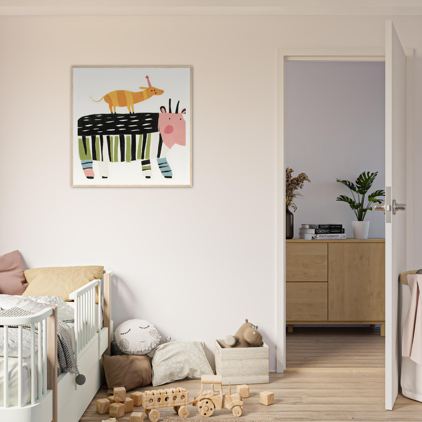 Whimsical special edition art print of colorful zebra with orange cat atop in Stacked Whimsies Dancing